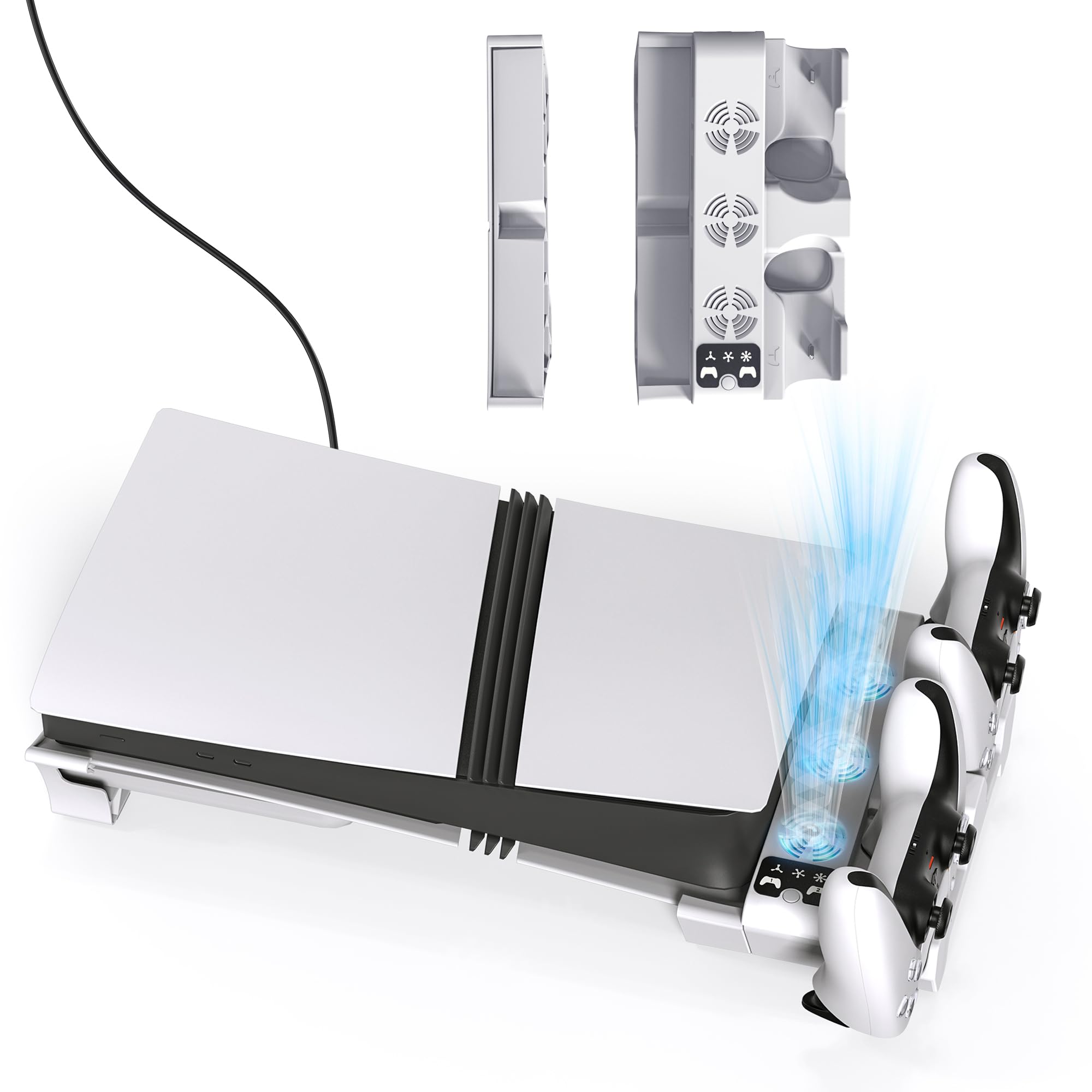 PS5 Pro & PS5 Slim Cooling Stand with 3-Speed Fan - Horizontal Cooling Station for PlayStation 5 Disc & Digital Edition - Dual Controller Charger - Perfect for Gaming Sessions & Console Protection