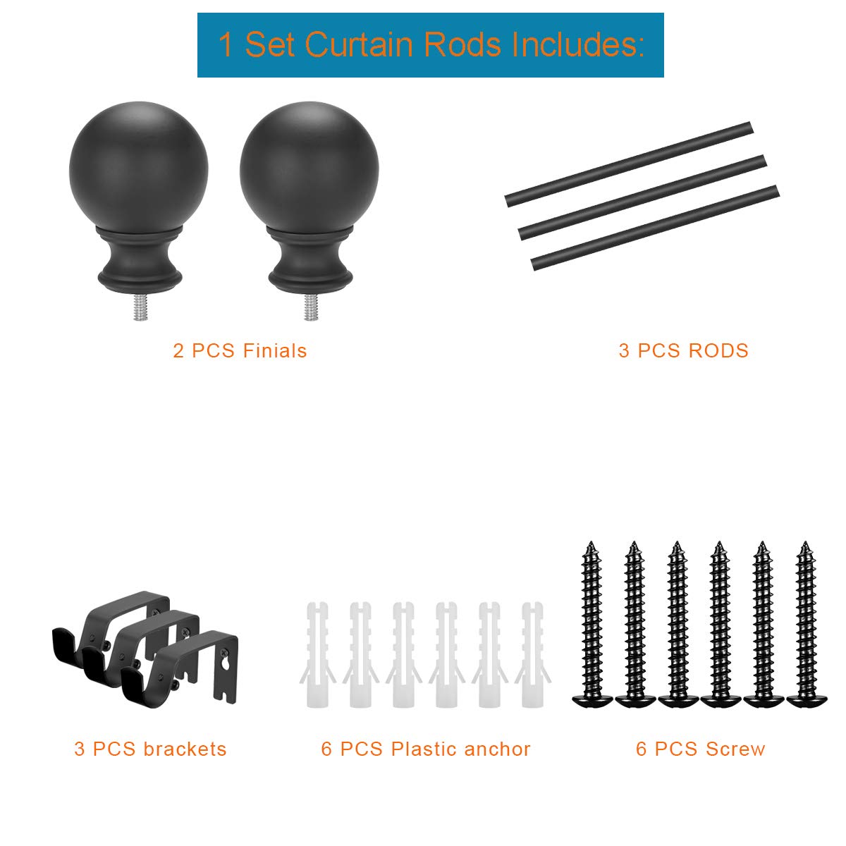 Industrial Iron Curtain Rods 72-144 Inch Matte Black 2 Pack with Ball Finials - Heavy Duty Room Divider for Outdoor Farmhouse Style Living Room, Bedroom & Patio Decor