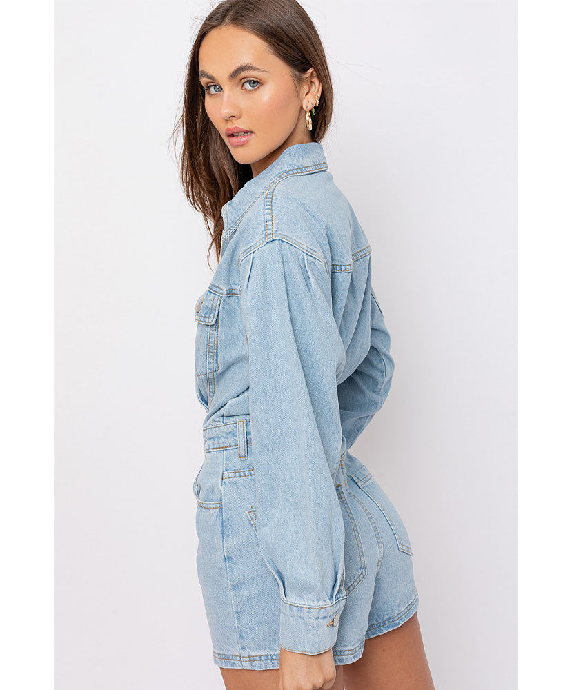 Be My Darlin Women's Long Sleeve Denim Romper Jumpsuit - Casual Outfit for Date Night & Fall Fashion