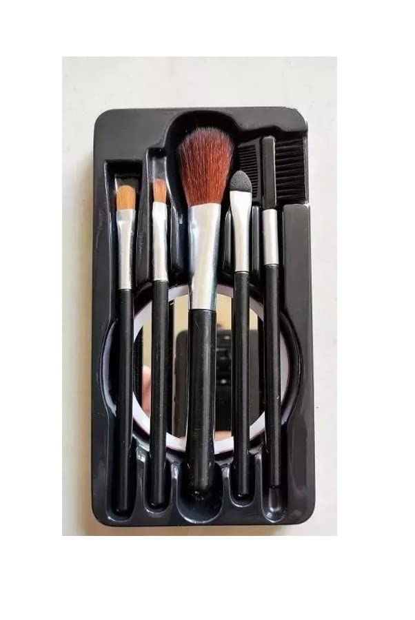 Sunaina 5-Piece Black Makeup Brush Set with Mirror - Foundation, Concealer, Highlighter & Eyeliner Brushes for Professional Face Makeup | Perfect for Home, Travel & Salon Use