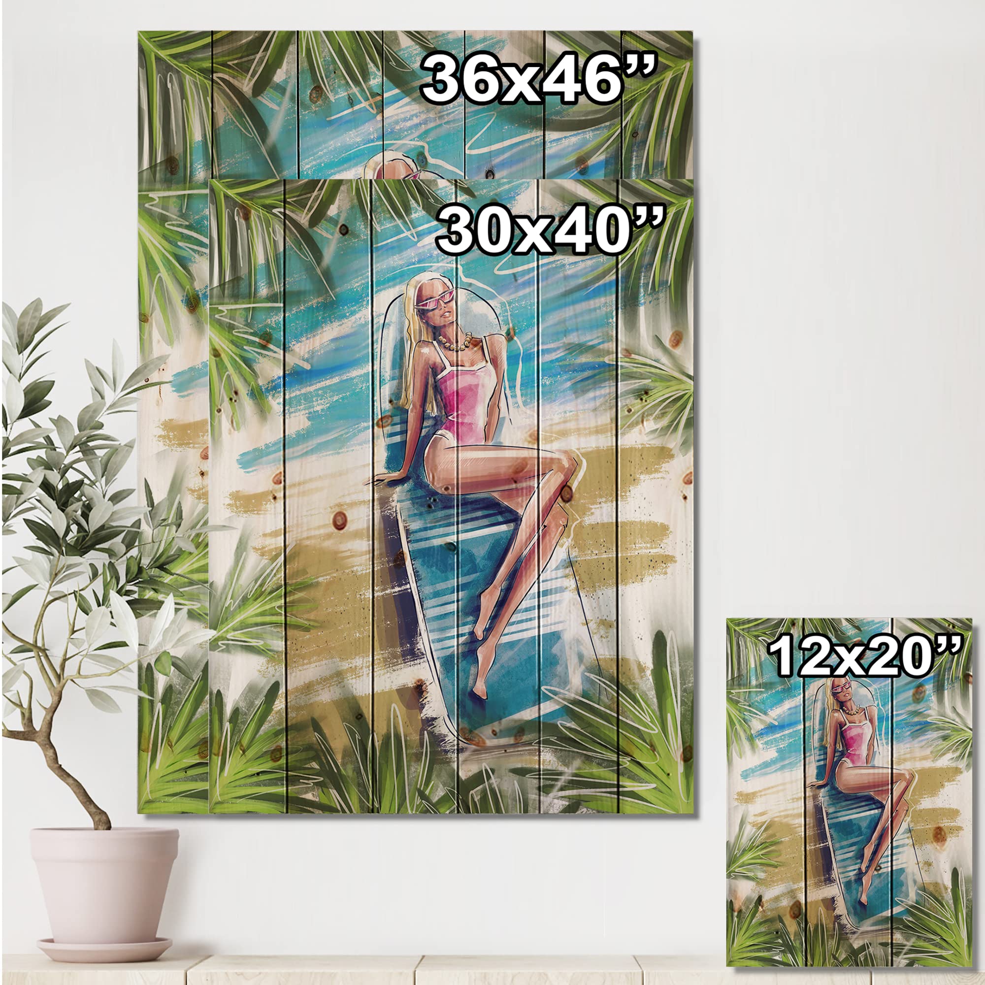 Beautiful Blonde Model Beach Sunbathing Nautical Coastal Wood Wall Art - Blue Ocean Themed Large Pine Wood Wall Decor for Living Room, Bedroom & Beach House
