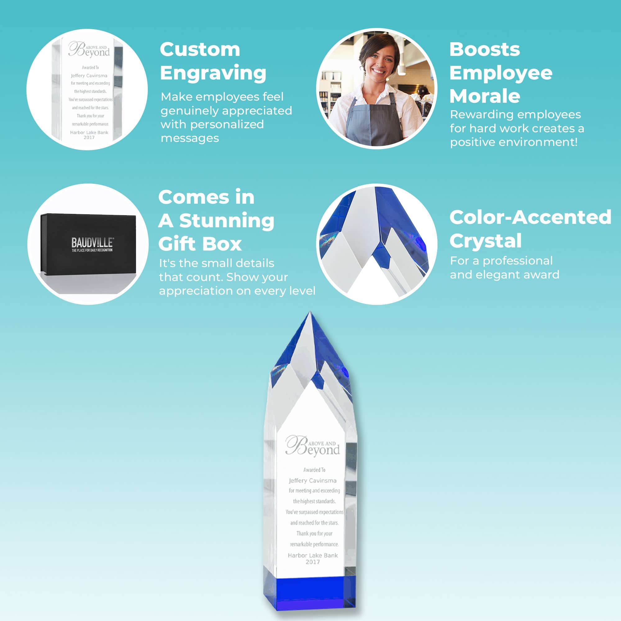 Baudville Engraved Crystal Trophy with Blue Base - Custom Employee Award with Personalized Engraving - Gift Box Included - Perfect for Recognition Ceremonies, Work Anniversaries & Achievement Awards