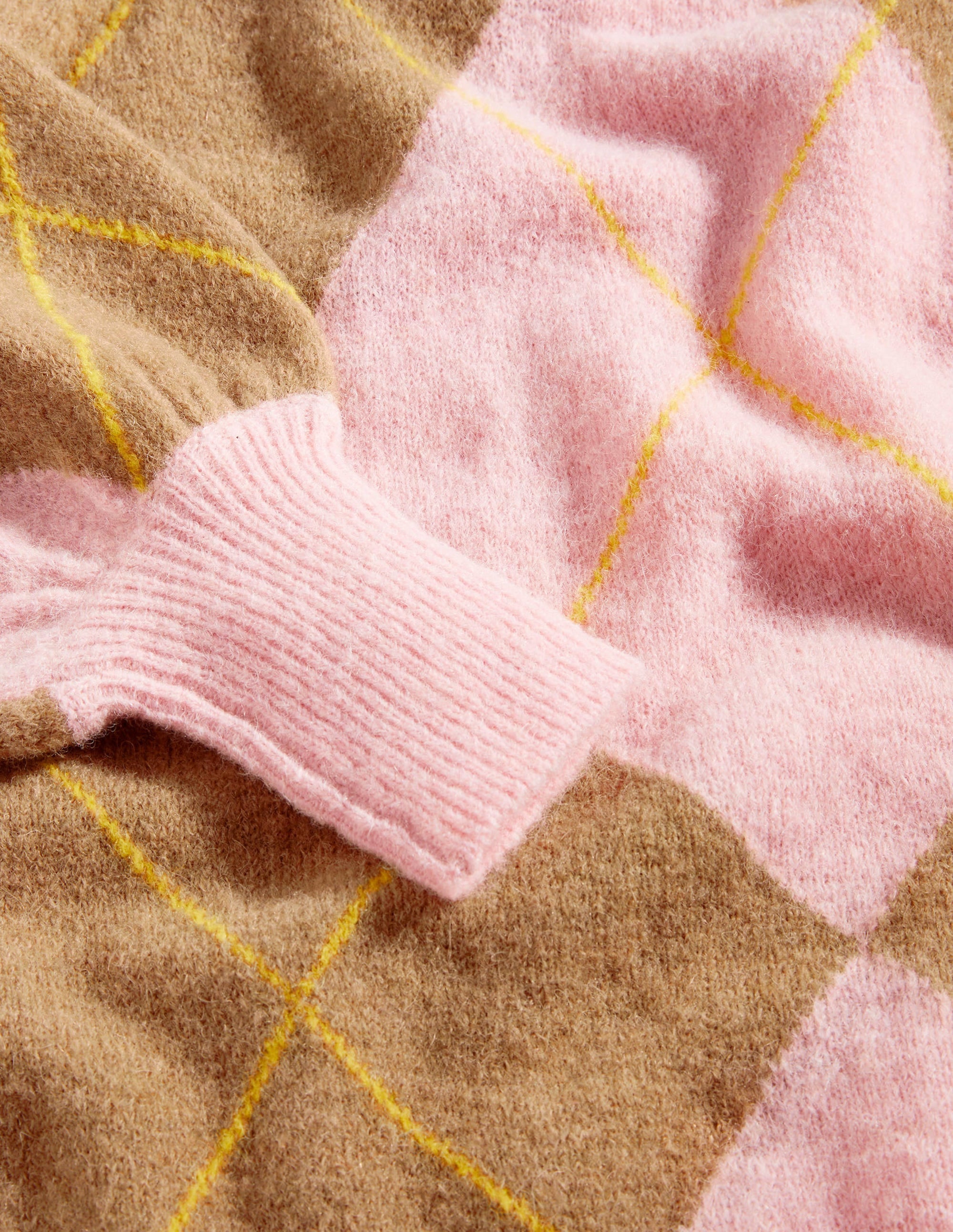 Fluffy Argyle Sweater with Blouson Sleeves in Camel & Pink | Cozy Winter Knitwear for Women | Perfect for Office, Date Nights & Holiday Gatherings