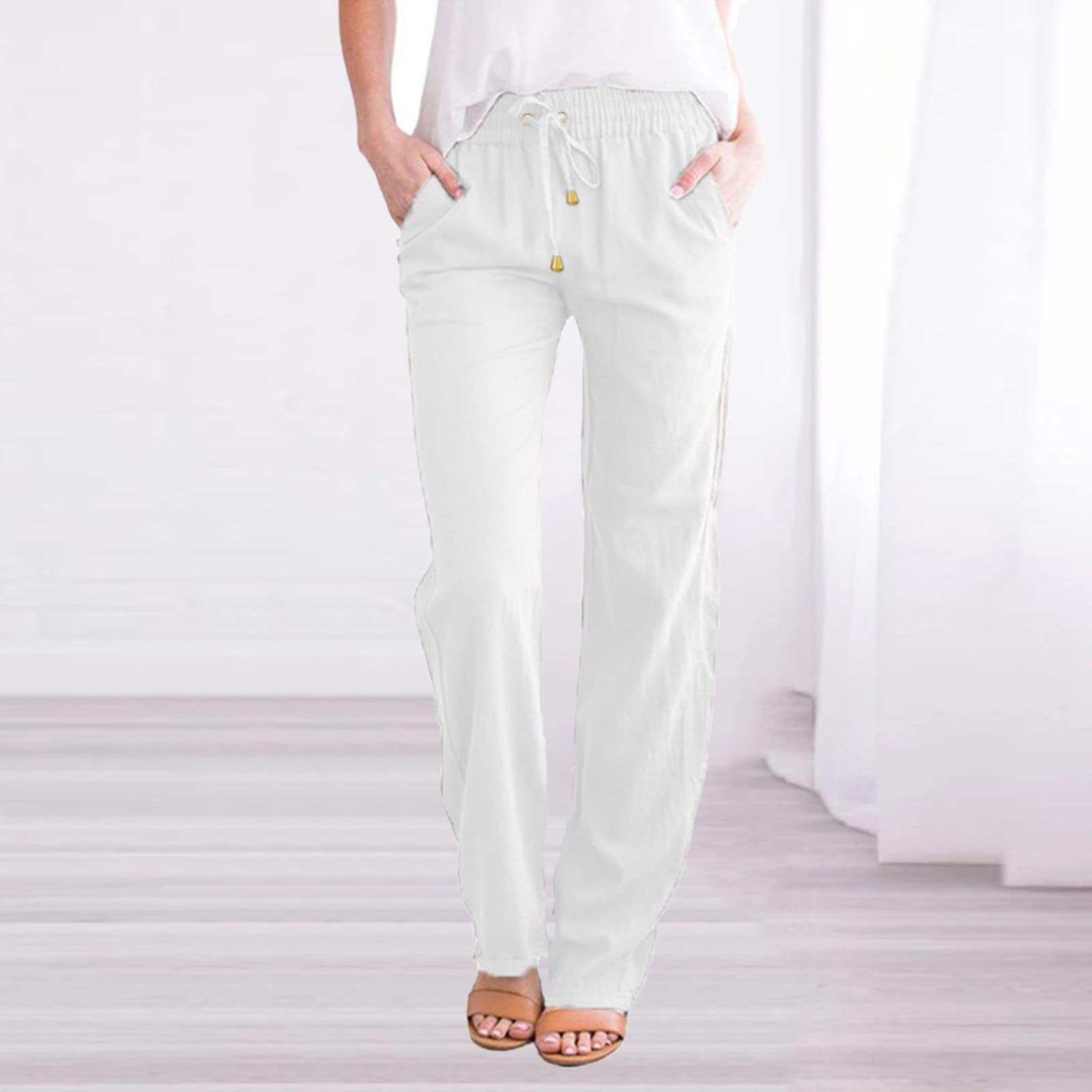 Women's High Waisted Linen Pants - Straight Leg Casual Drawstring Trousers with Pockets | Summer Beach Palazzo Pants for Vacation, Yoga & Lounge Wear