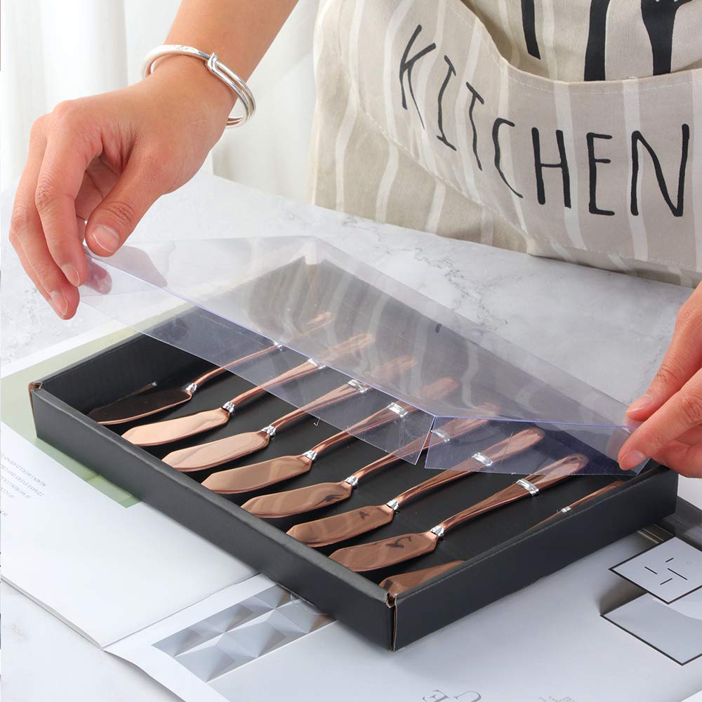 Premium YDware 18/10 Stainless Steel Rose Gold Butter Knives Set - 6.1 Inch Dishwasher Safe Cheese Spreaders (Set of 8) in Elegant Black Gift Box - Perfect for Dinner Parties, Cheese Platters & Wedding Gifts