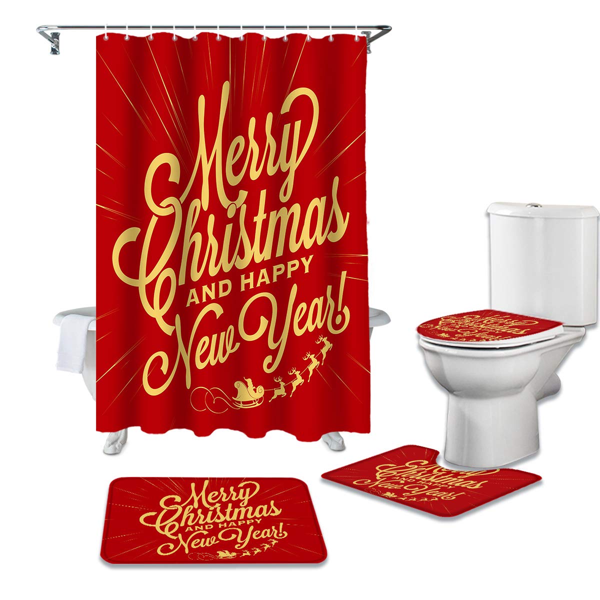 4PCS Non-Slip Bath Mat Set - Christmas Decor for Bathroom & Shower