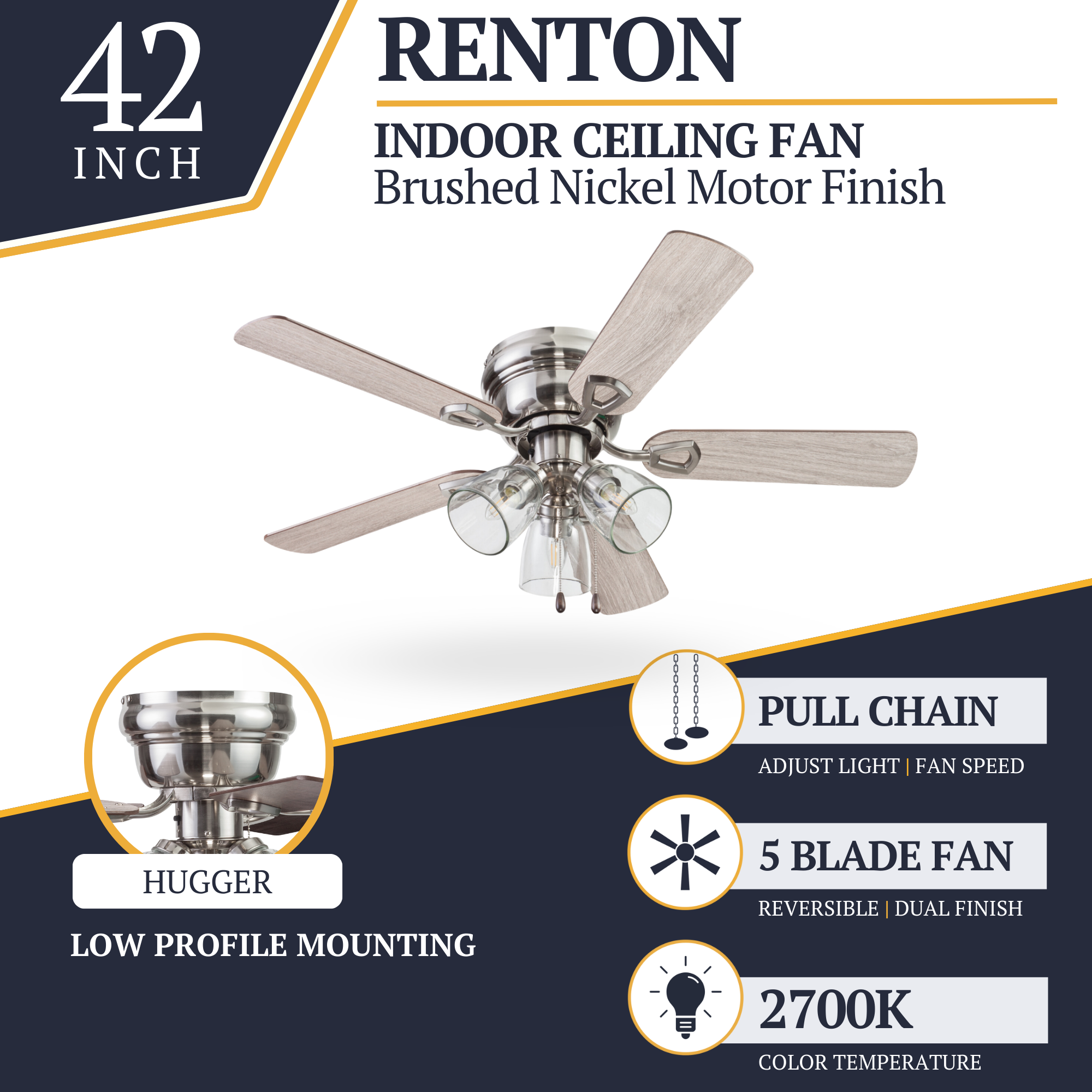42 Inch Renton Brushed Nickel Ceiling Fan with Pull Chain - Perfect for Bedroom, Living Room & Outdoor Spaces
