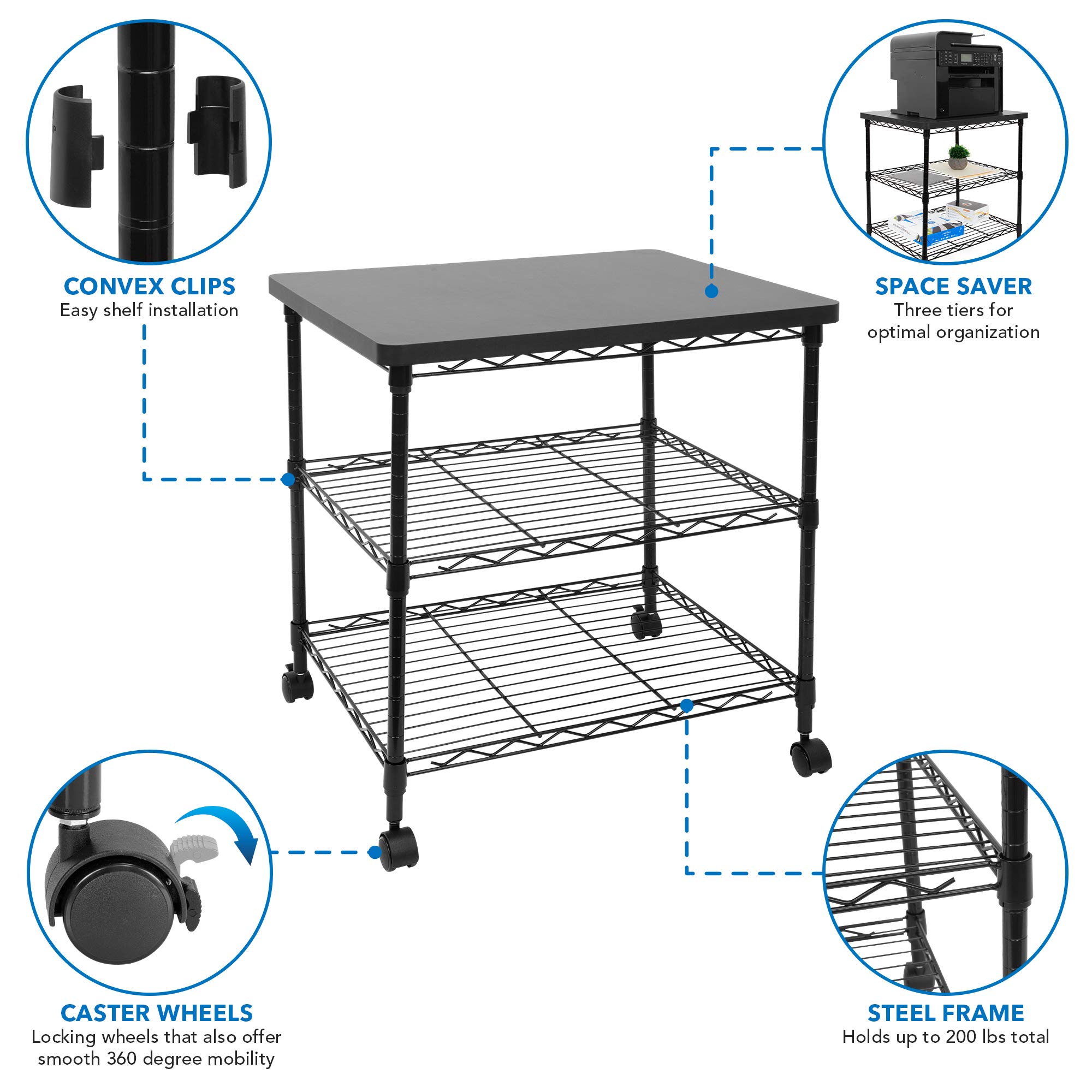 Mount-It! 3-Tier Rolling Printer Stand with Wheels - Heavy Duty Metal Printer Cart with Storage Shelves for 3D Printer, Laser Printer, Scanner & Heat Press - 200 Lbs Capacity Mobile Utility Table for Home Office, Workshop & Craft Room Use