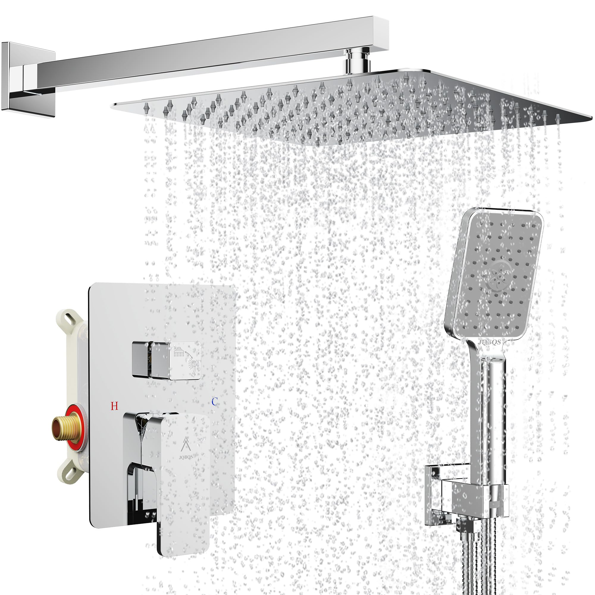 Modern Brass Rain Shower System with Valve & Diverter - High Pressure Square Rainfall Showerhead & Handheld Spray - 12