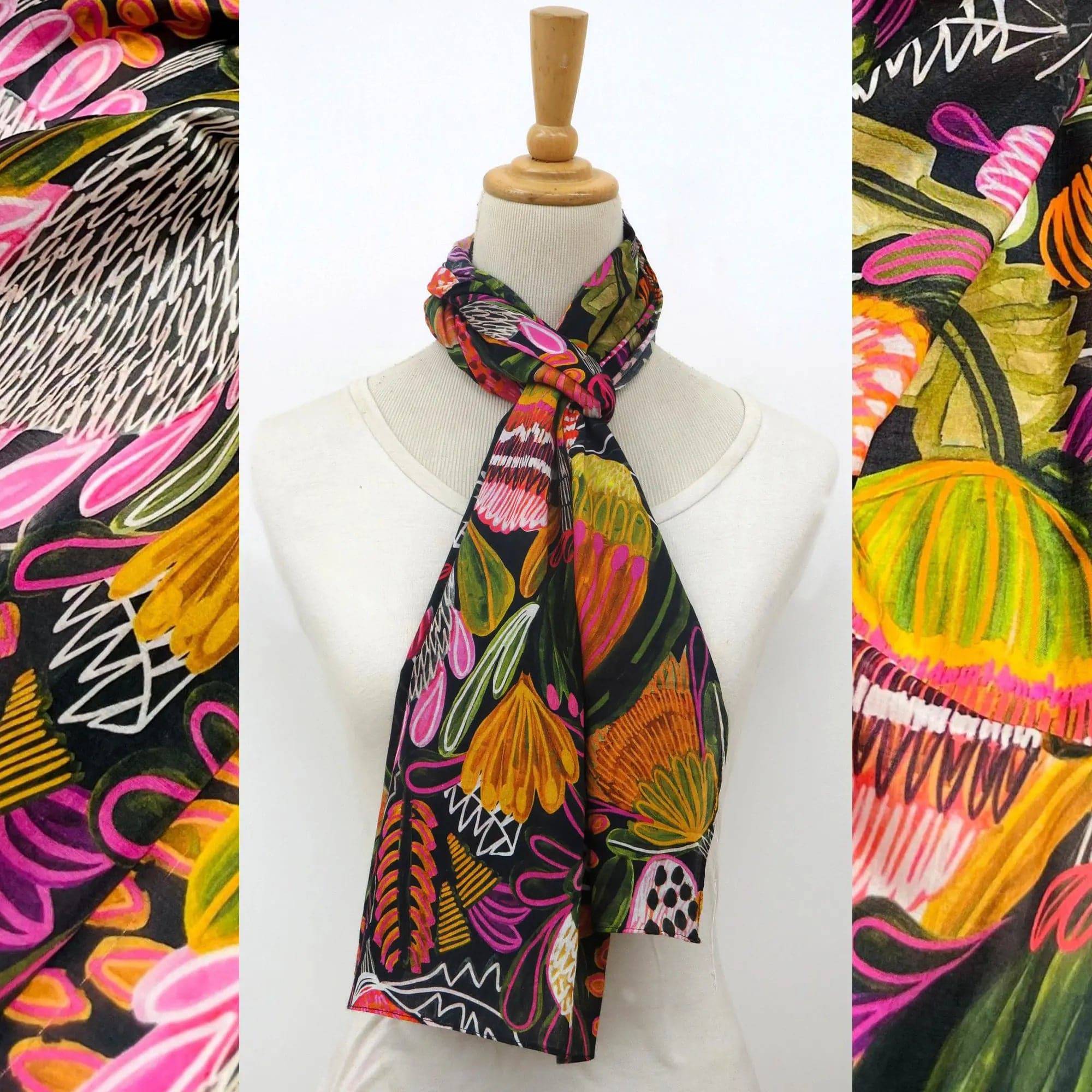 Bush Banksia Silk Scarf - Elegant Australian Floral Print Shawl for Women | Perfect for Weddings, Parties & Office Wear