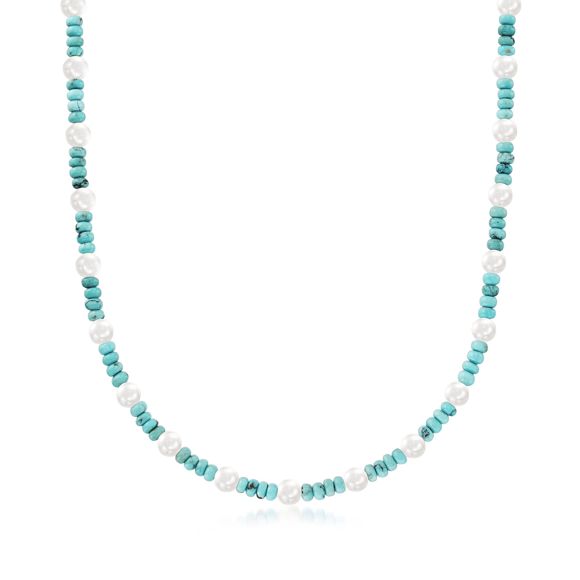 Ross-Simons 6-6.5mm Cultured Pearl & Turquoise Bead Necklace in Sterling Silver - Elegant Jewelry for Weddings, Parties & Special Occasions