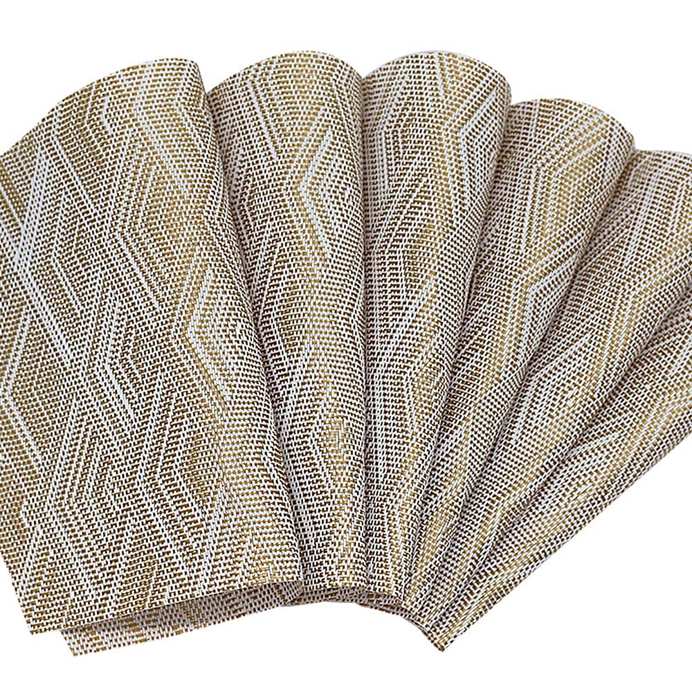 Premium Woven Vinyl Placemats Set of 6 - Heat Resistant, Durable & Washable Table Mats for Round Dining Tables - Elegant Gold Home Decor for Everyday Meals & Dinner Parties