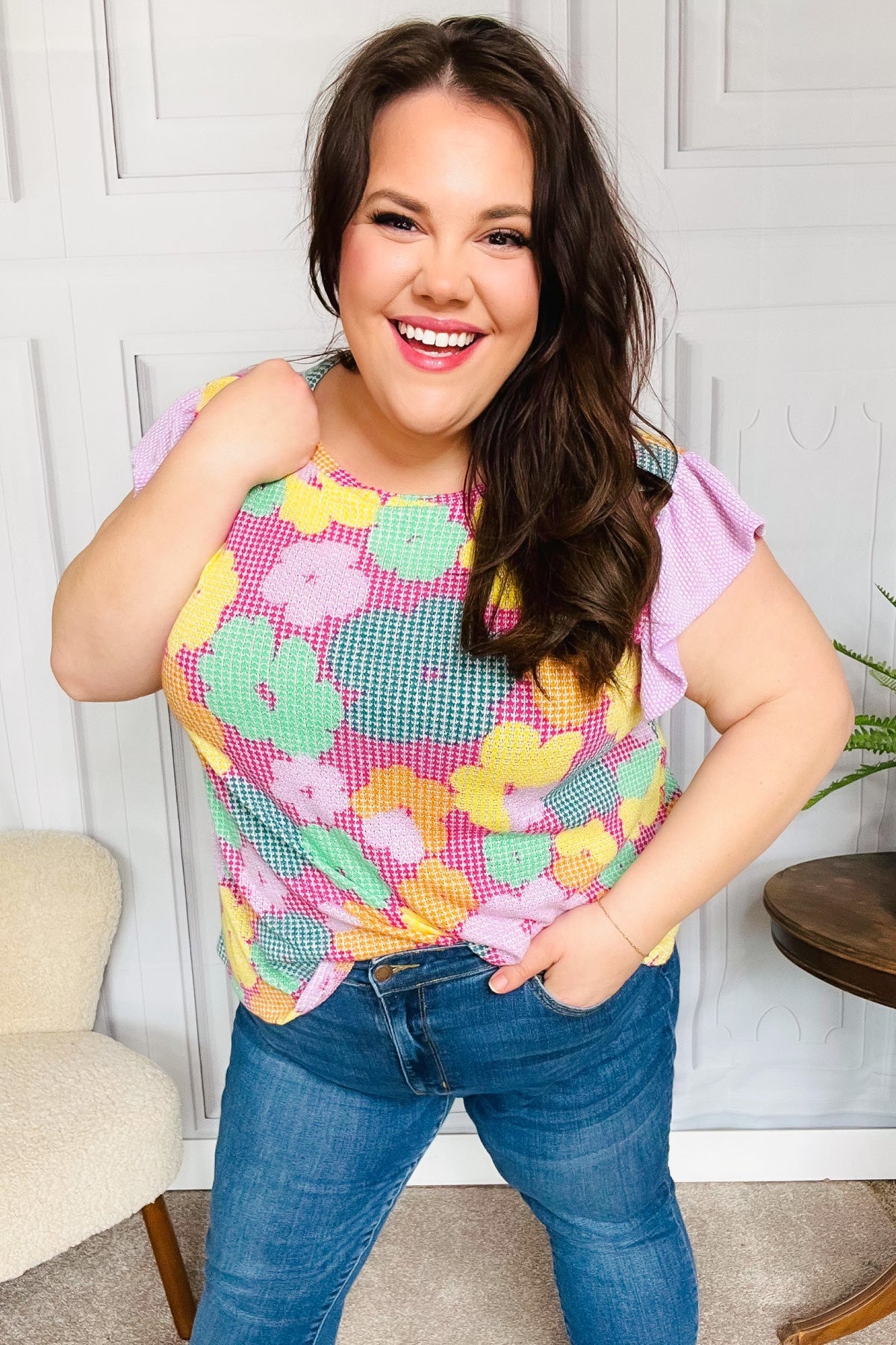 Playful Fuchsia Floral Textured Ruffle Sleeve Top for Women - Trendy Blouse for Casual Outings, Dates & Summer Parties