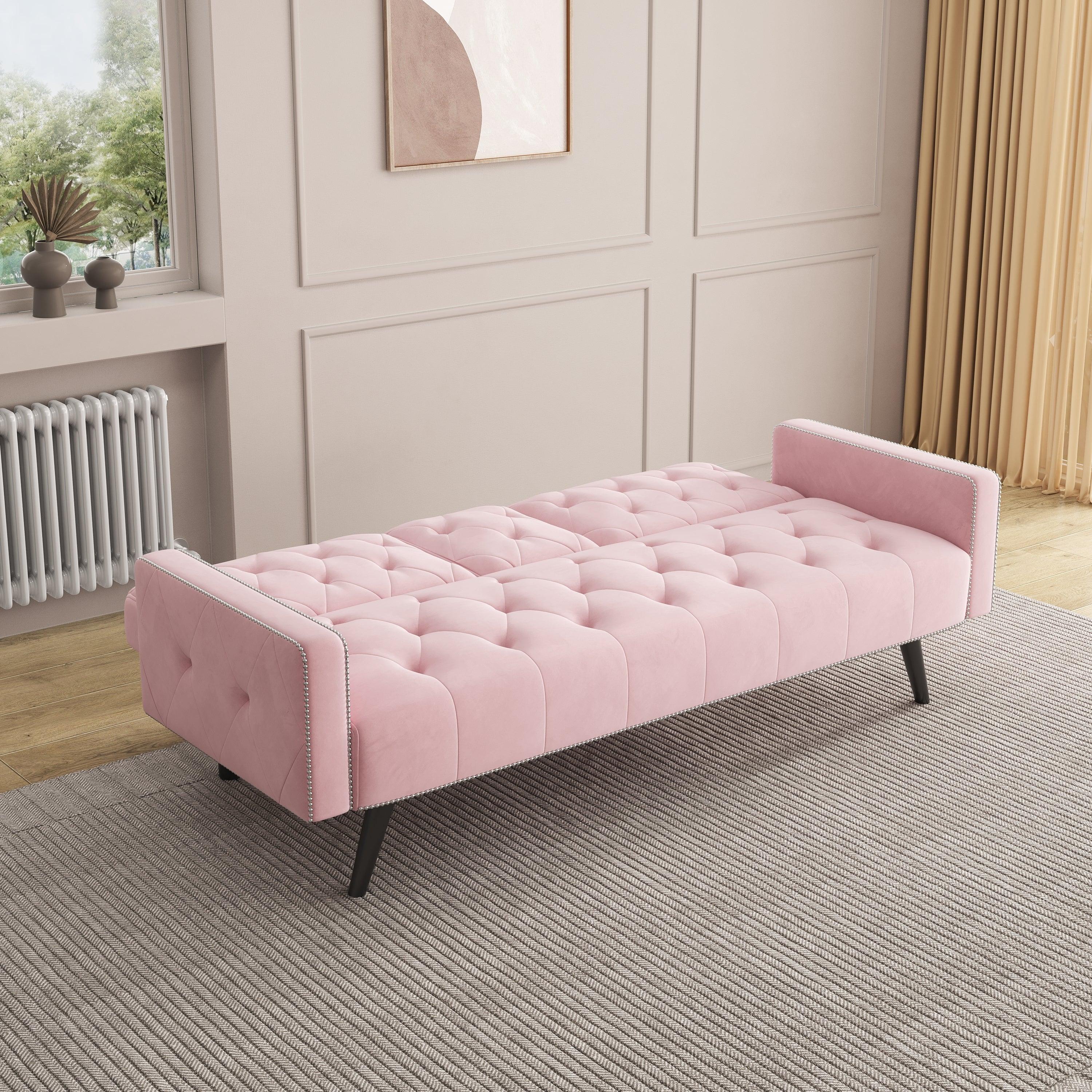 1730 Pink Velvet Sofa Bed with Armrests, Nail Head Trim & 2 Cup Holders - 72