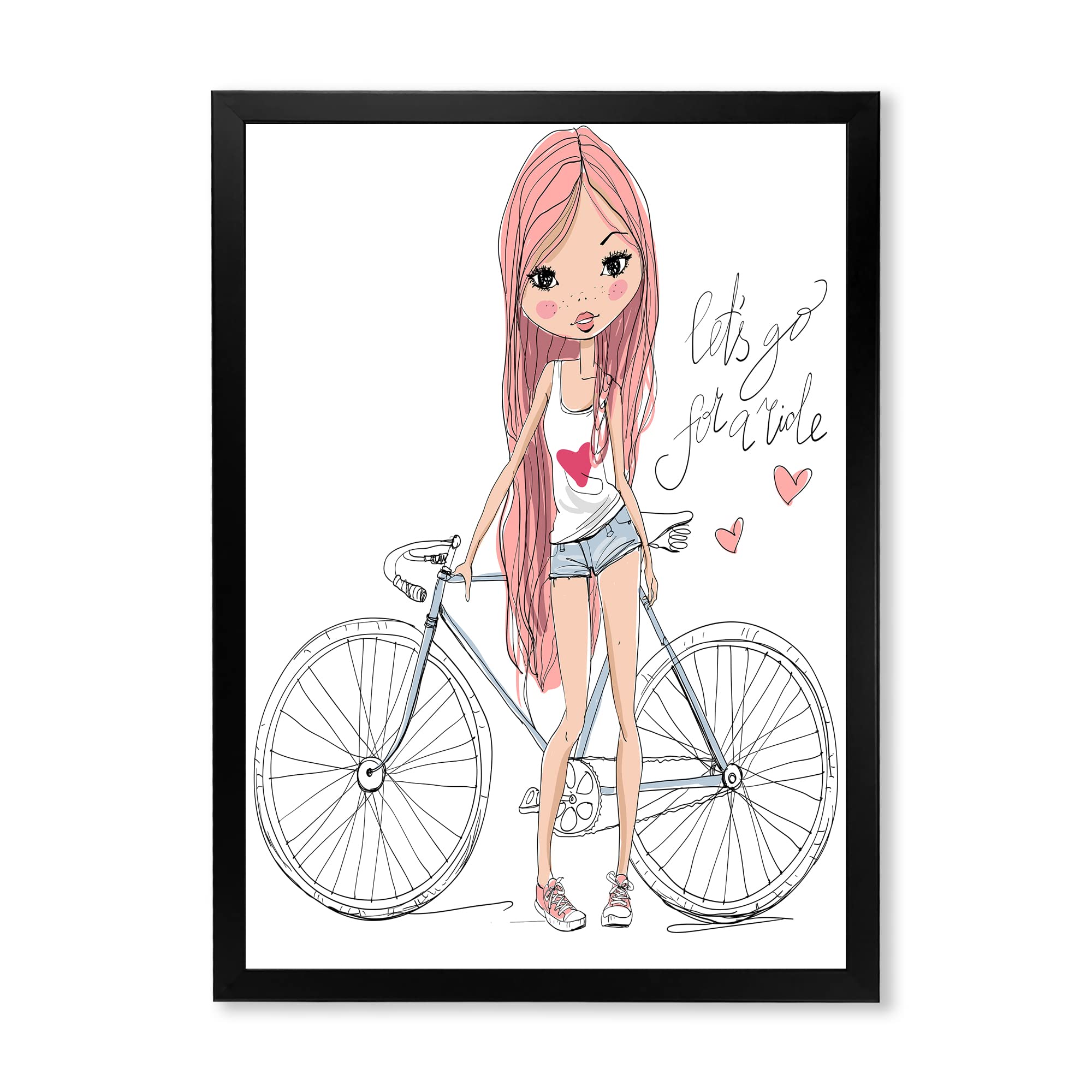 Children's Framed Wall Art - Young Girl Riding Bicycle Painting - Nursery, Bedroom & Playroom Decor
