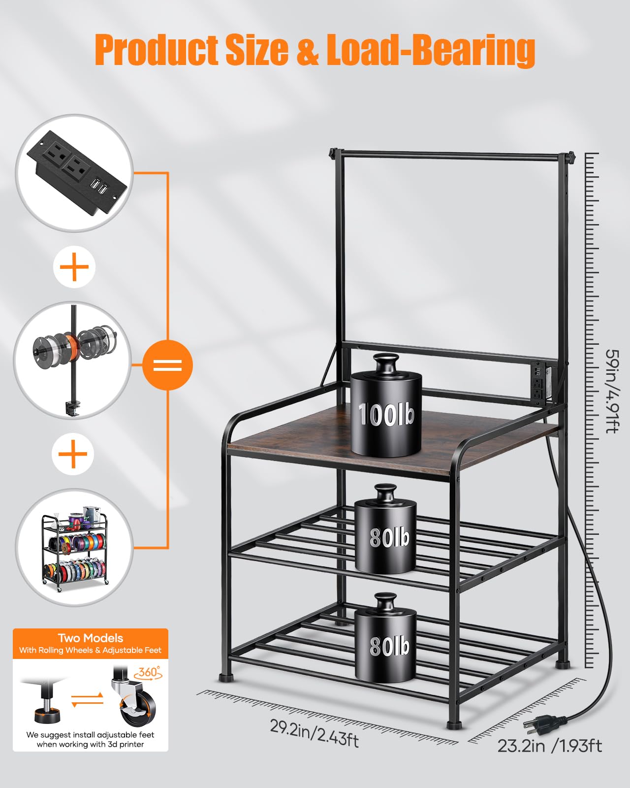 3D Printer Filament Storage Rack with Wheels - Heavy Duty Rolling 3D Printing Stand Organizer for PLA, ABS, PETG Spools | Perfect for Garage, Office & Workshop Organization