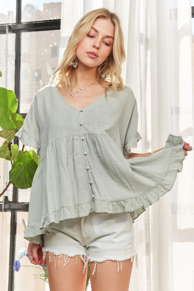ADORA Women's Button Down Ruffled Babydoll Blouse - Flowy Casual & Party Top for Work, Date Night & Special Occasions
