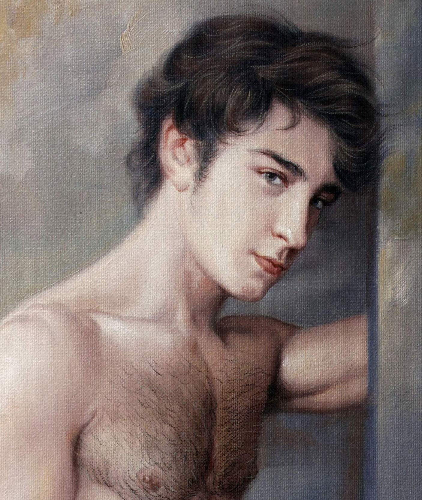 Hand-Painted Male Nude Portrait Oil Painting on Canvas - Signed Art Print (24x36 inches, 60x90cm) for Home Wall Decor | Elegant Window Scene Artwork for Living Room & Bedroom