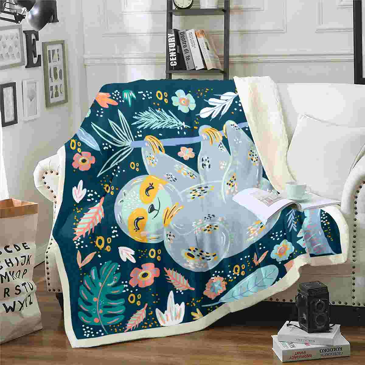 Cute Sloth Plush Fleece Throw Blanket - Soft Microfiber Sherpa Blanket with Botanical Floral Leaves Print for Kids & Baby (30x40 Inches) - Perfect for Bed, Sofa, Couch & Nursery Decor