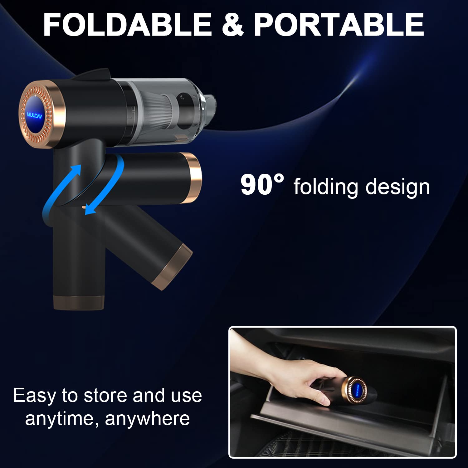 90° Foldable Cordless Car Vacuum Cleaner - 9000PA Powerful Suction Rechargeable Handheld Vacuum for Car Detailing, Home & Office Cleaning | Portable Mini Vacuum for Vehicle Seats, Pet Hair & Small Spaces (Black)