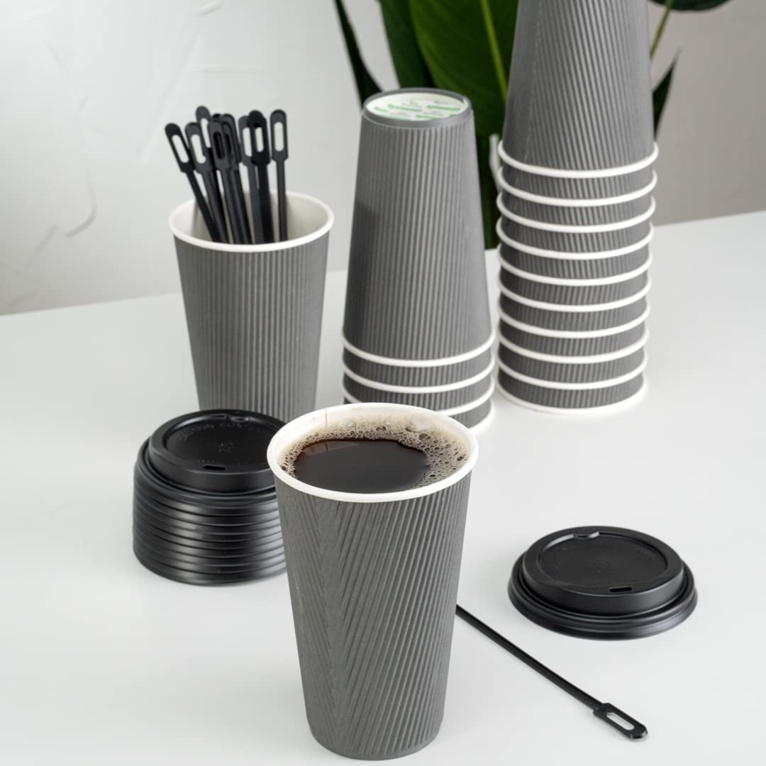 16oz Insulated Coffee Cups with Lids - 200 Pack Leakproof Ripple Wall Hot Cups | Disposable Gray Paper Cups for Coffee, Tea, Hot Cocoa & Lattes | Perfect for Cafes, Offices & Catering Events