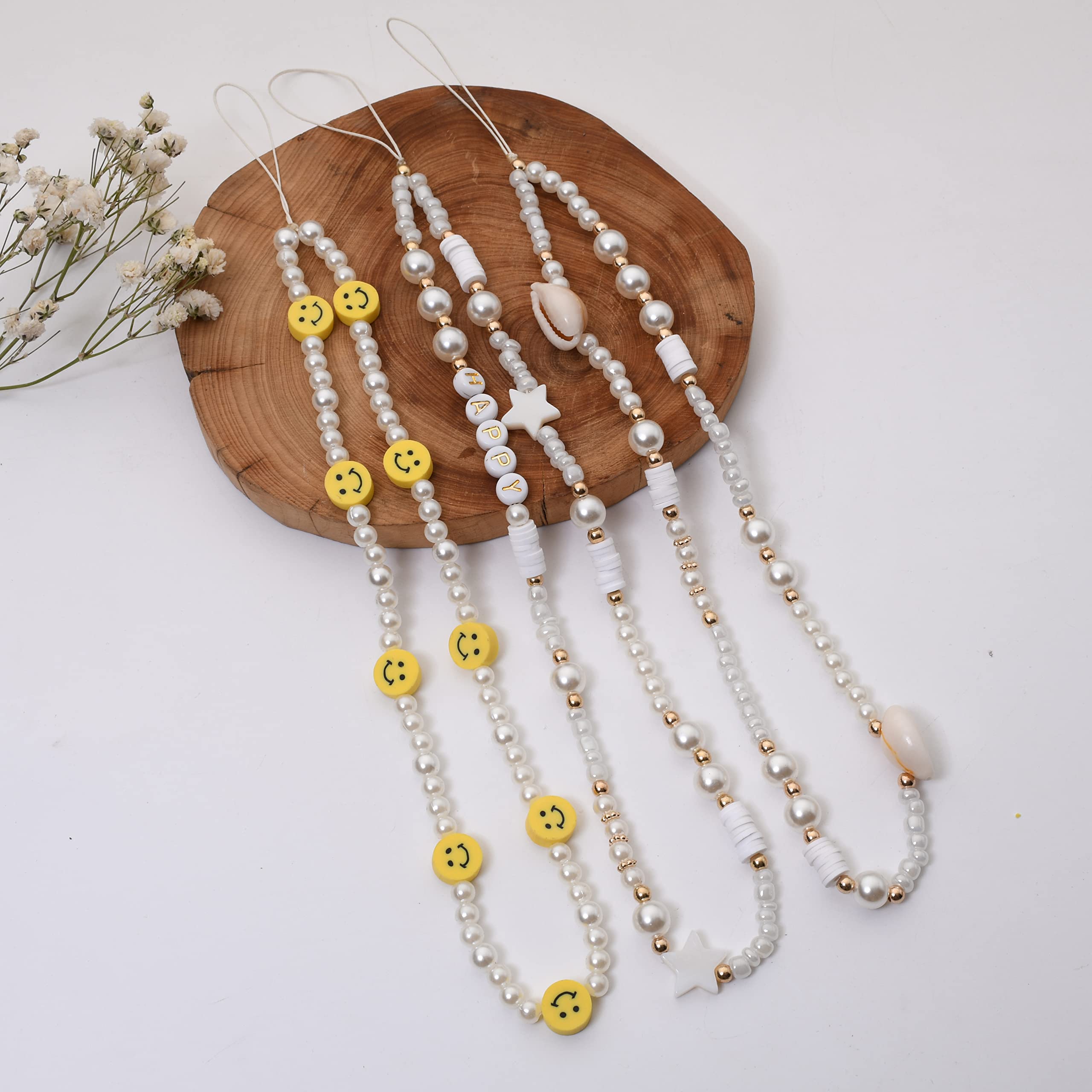 3pcs Handmade Beaded Phone Lanyard Wristband - Smiley Beaded Phone Charm with Shell Letter Design - Stylish Phone Chain Strap for Women & Girls - Perfect for Work, School, Travel and Everyday Use