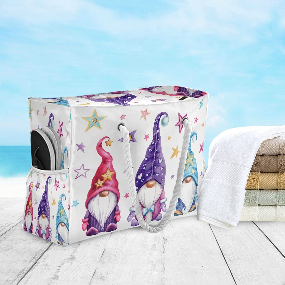 Large Waterproof Beach Tote Bag with Zipper - Magic Gnome & Star Watercolor Design for Women, Perfect for Pool, Gym, Travel & Summer Outings