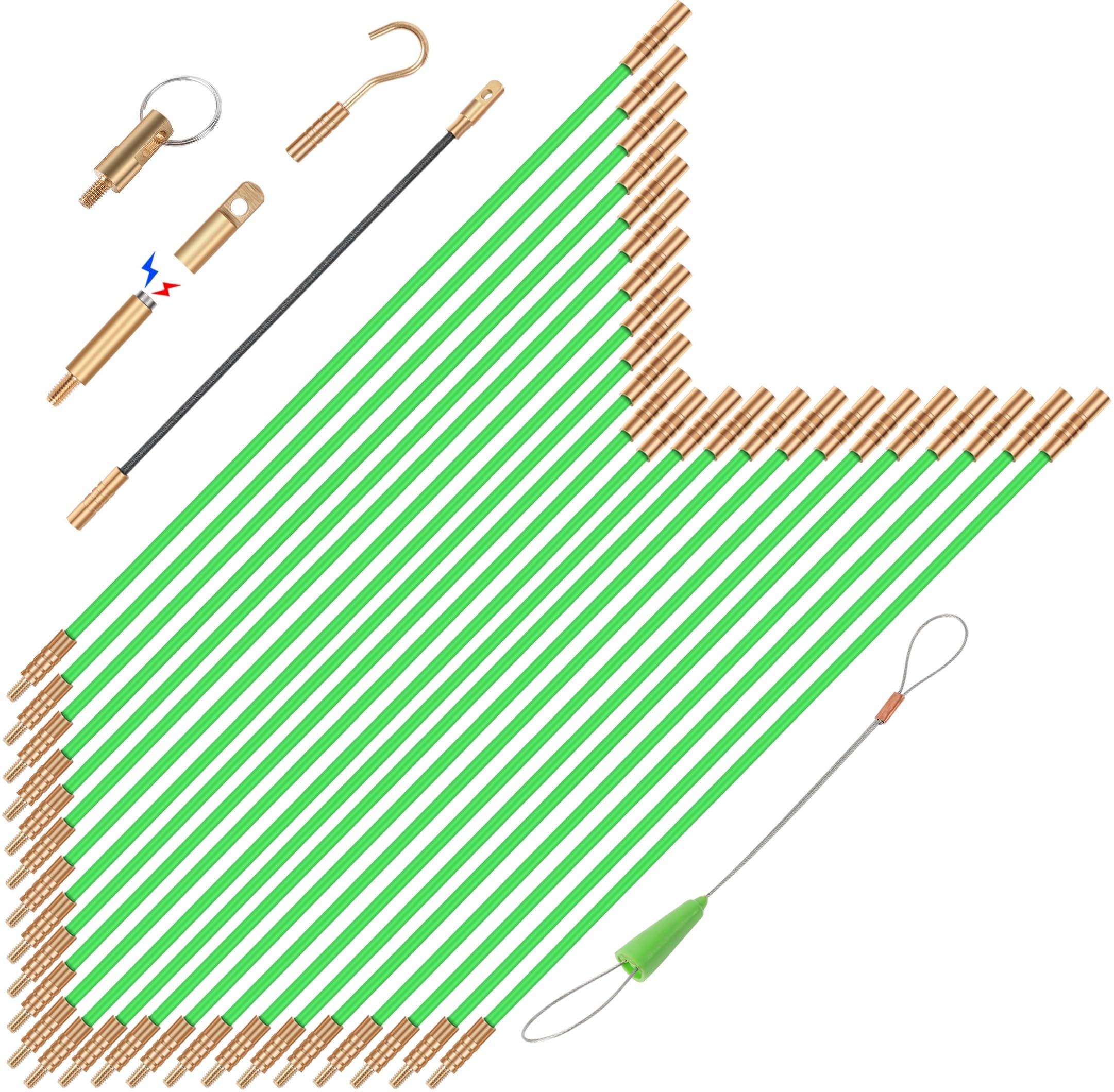 32.2FT Fiberglass Wire Pulling Kit with 6 Attachments - for Electrical Wiring & Fish Tape Installation