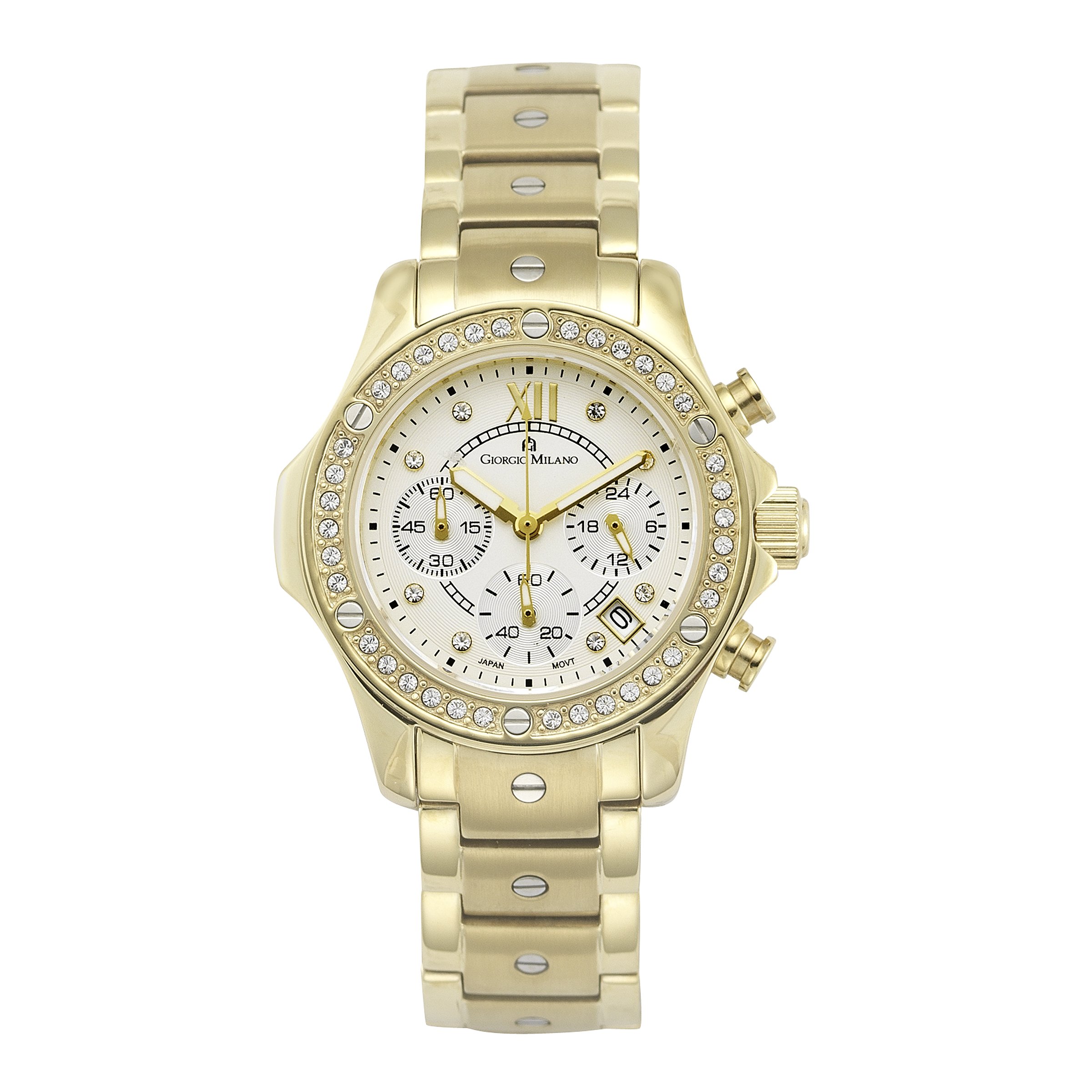 Giorgio Milano Women's Gold-Tone Stainless Steel Watch 'Clara' - Round Crystal-Accented Case, Roman Numeral Dial, 3 Sub-Dials & Date Function, Elegant Bracelet | Perfect for Office, Party & Special Occasions