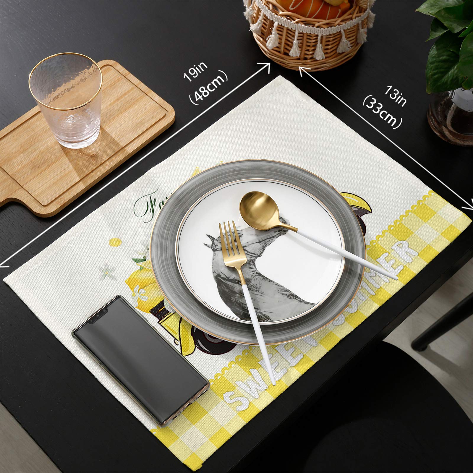 Round Non-Slip Heat Resistant Placemats Set of 4 - Tropical Lemon Truck Plaid Design, Washable Kitchen Table Mats for Dining Room, Summer Yellow Lattice Pattern - Perfect for Family Meals, Indoor Picnics & Home Decor (Kids/Women/Men)