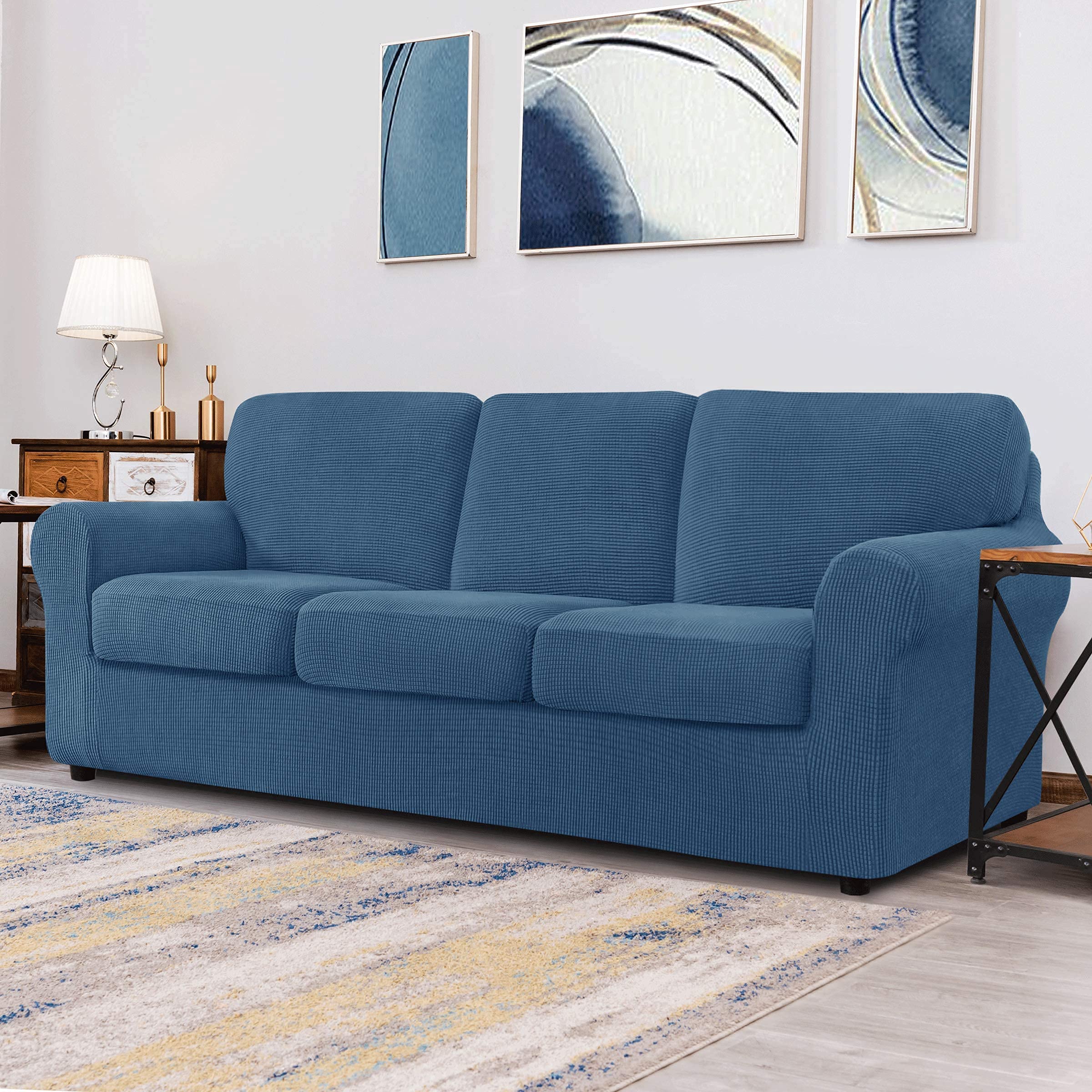 CHUN YI 2-Piece Armchair Sofa Slipcover Set - Stretchable Jacquard Fabric Couch Cover with Detachable Backrest & Cushion Covers (Denim Blue Checkered Pattern) - Perfect for Living Room, Office, and Home Decor