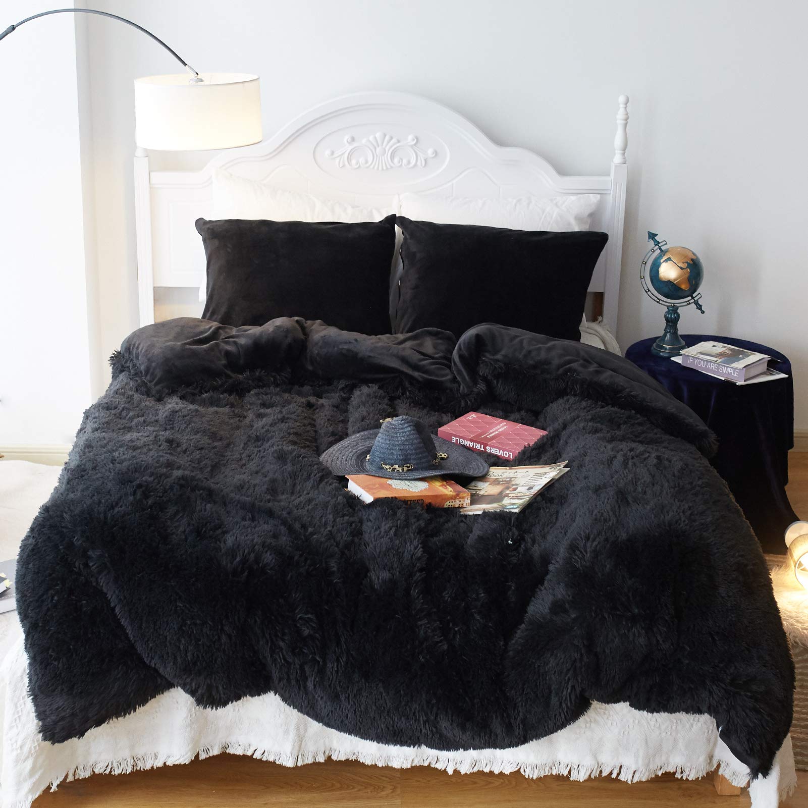 Luxury CHOSHOME Shaggy Fluffy Duvet Cover Set - Twin Size Plush Warm Fuzzy Flannel Bedding with 3 Pieces (1 Duvet Cover + 2 Pillow Shams) | Cozy Faux Fur Comforter Cover with Zipper Closure in Black | Perfect for Winter Bedroom Decor & Cozy Home Styling