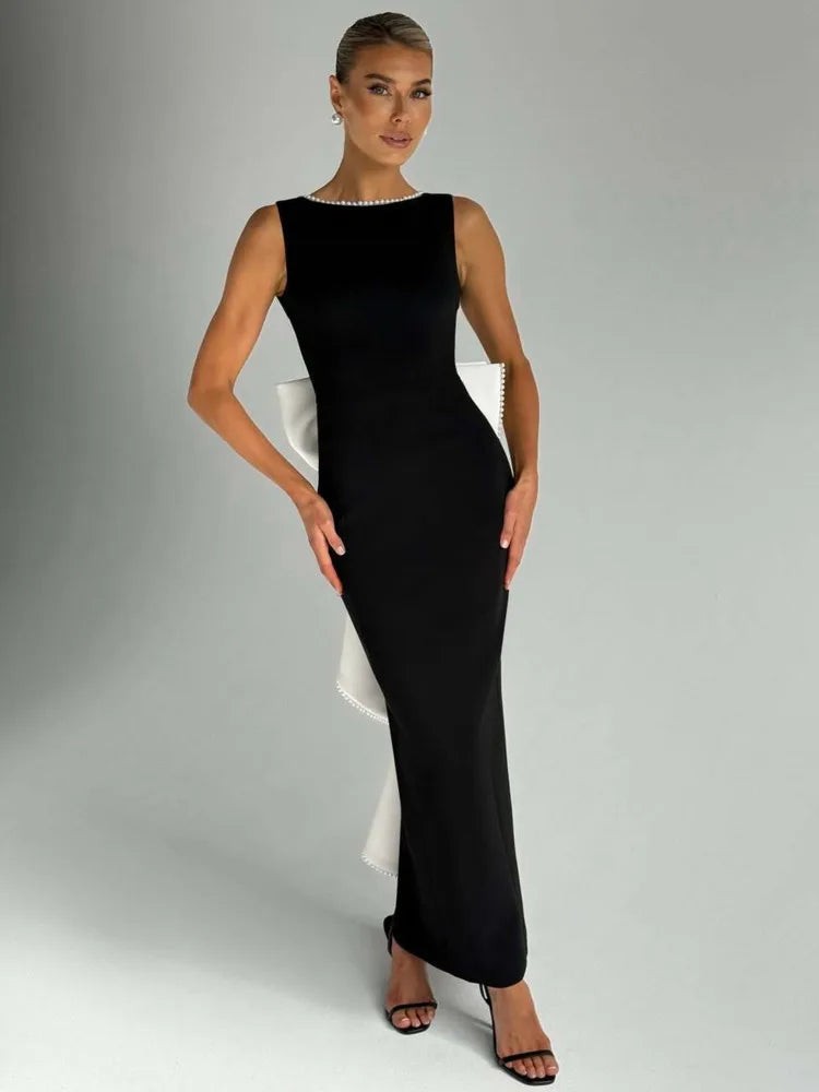 Elegant Pearl Bow Backless Sexy Maxi Dress for Women - Sleeveless High Waist A-Line Long Gown for Club, Party, Wedding & Evening Events