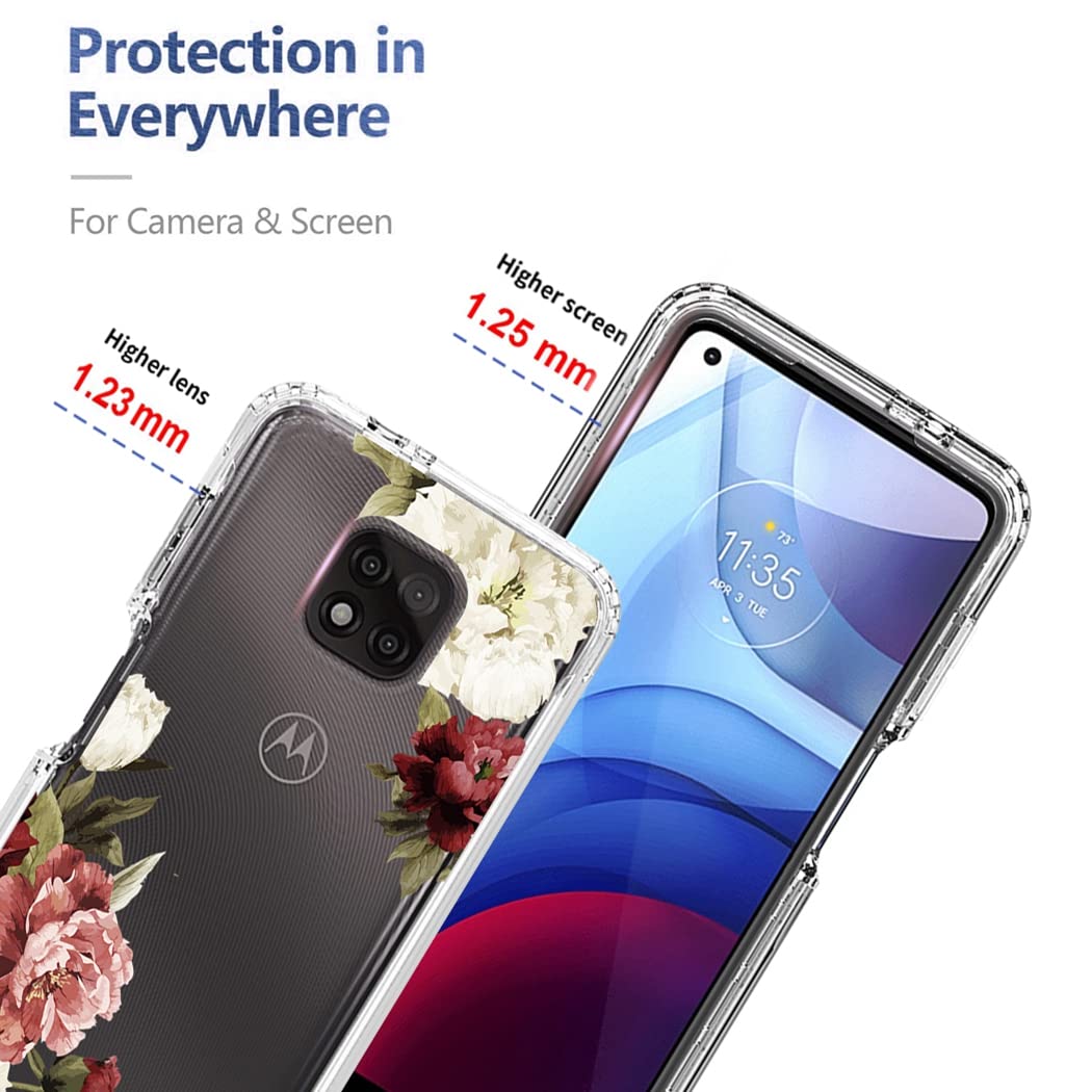 Premium Clear Floral Phone Case for Motorola Moto G Power 2021 (XT2117) - Shockproof Protective Cover with Tempered Glass Screen Protector - Cute Flower Design for Women Girls - Perfect for Daily Use, Work & Travel Protection