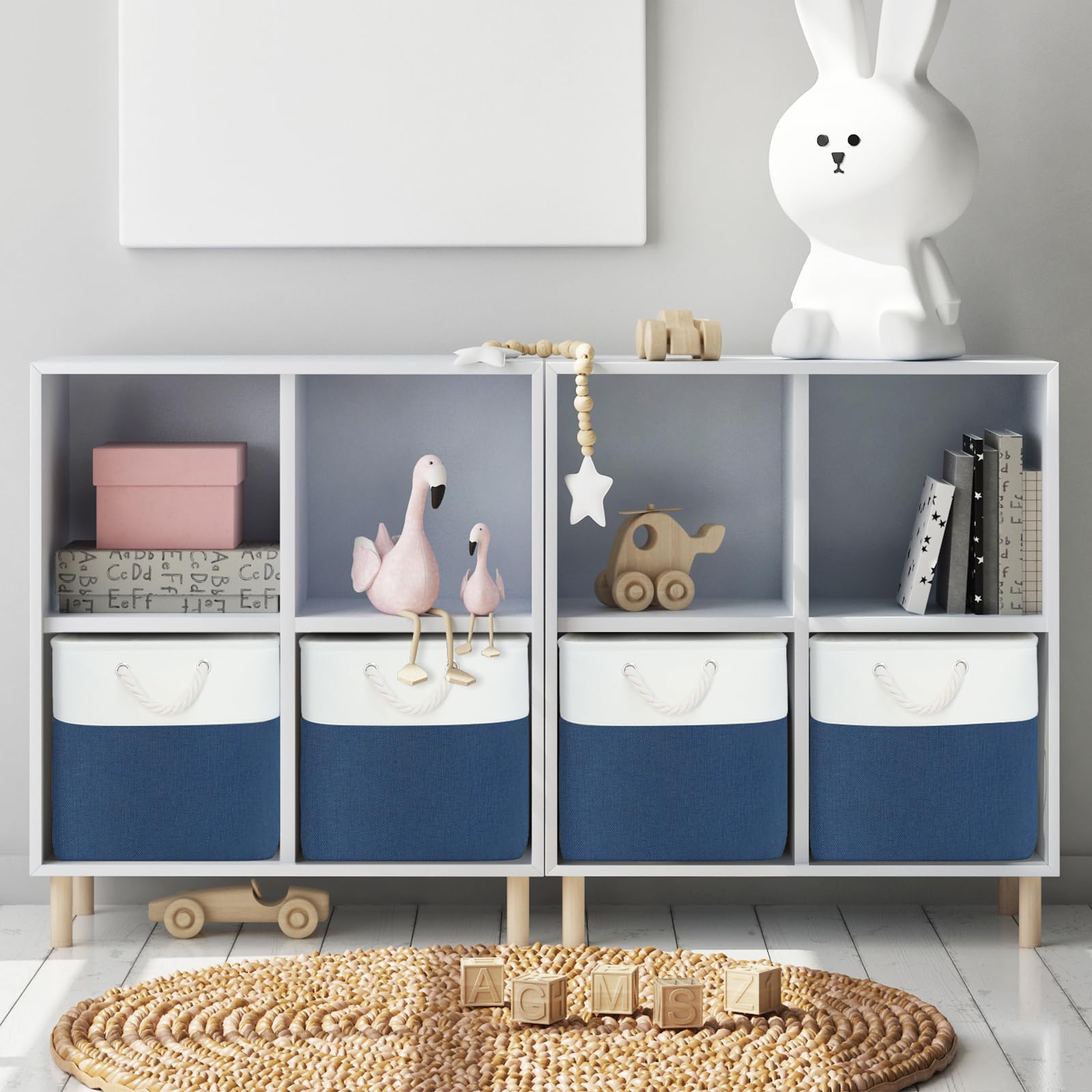 13 x 13 Inch Cube Storage Bins, 6 Pack Fabric Storage Cubes with Handles - Foldable Organizer for Shelves, Closet, Toys, Books, Clothes & Laundry - Perfect for Home, Office & Nursery Organization (White & Navy Blue)