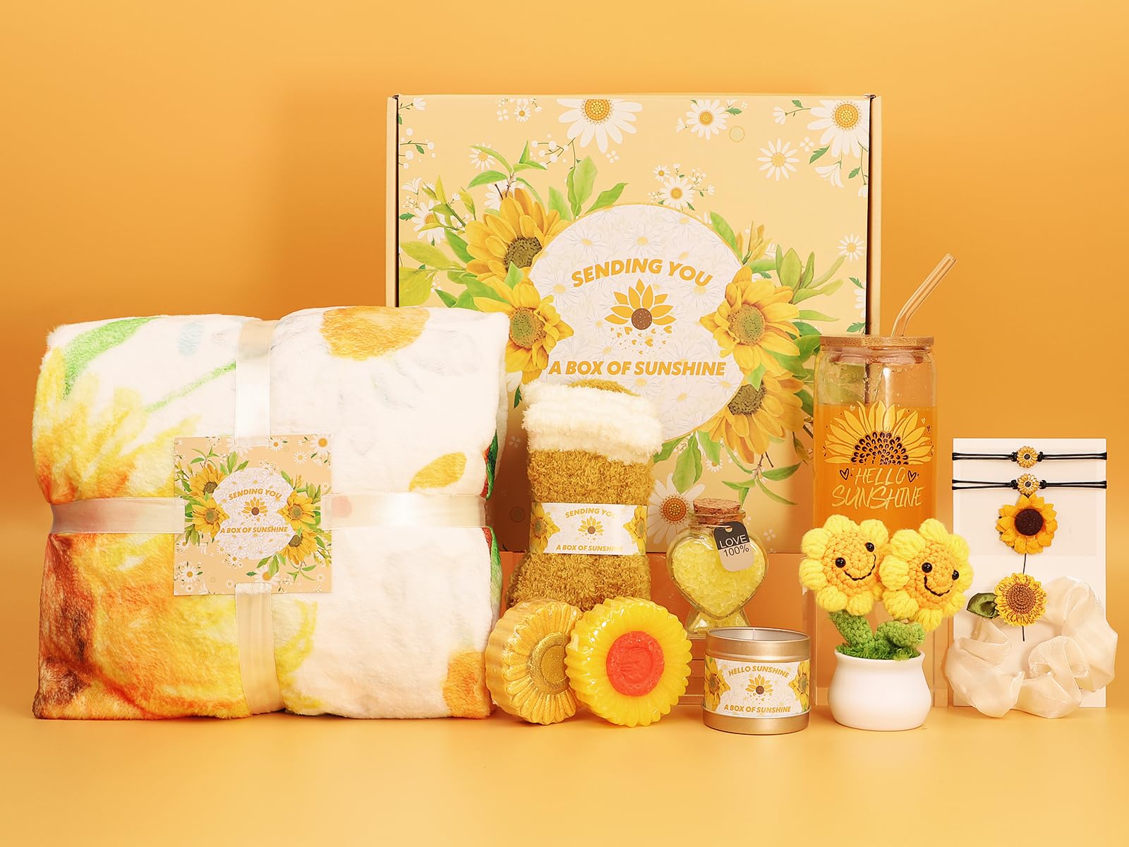 Sunflower Spa Gift Set for Women - 12 Piece Relaxation Sunshine Care Package with Luxury Blanket | Get Well Soon, Birthday, Thank You Gifts for Girlfriend, Sister, Mom, Wife | Perfect for Self-Care, Pampering, and Stress Relief