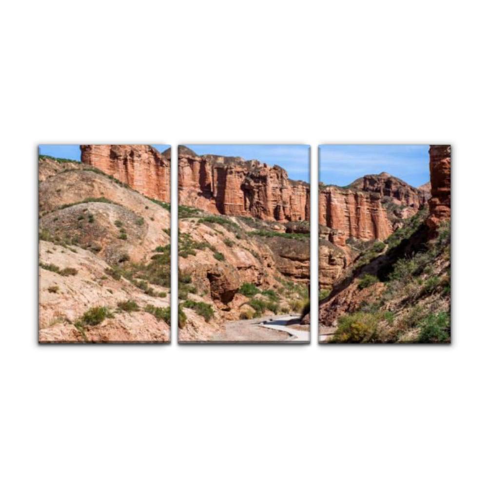Gracelapin Modern Canvas Wall Art - 3-Piece Landscape Oil Painting Set (16x24 Inches) Featuring Valley Path & Red Sandstone Rocks in Gansu Geopark | Home, Office & Bedroom Decor | Framed Printed Artwork for Living Room, Dining Area & Hallway