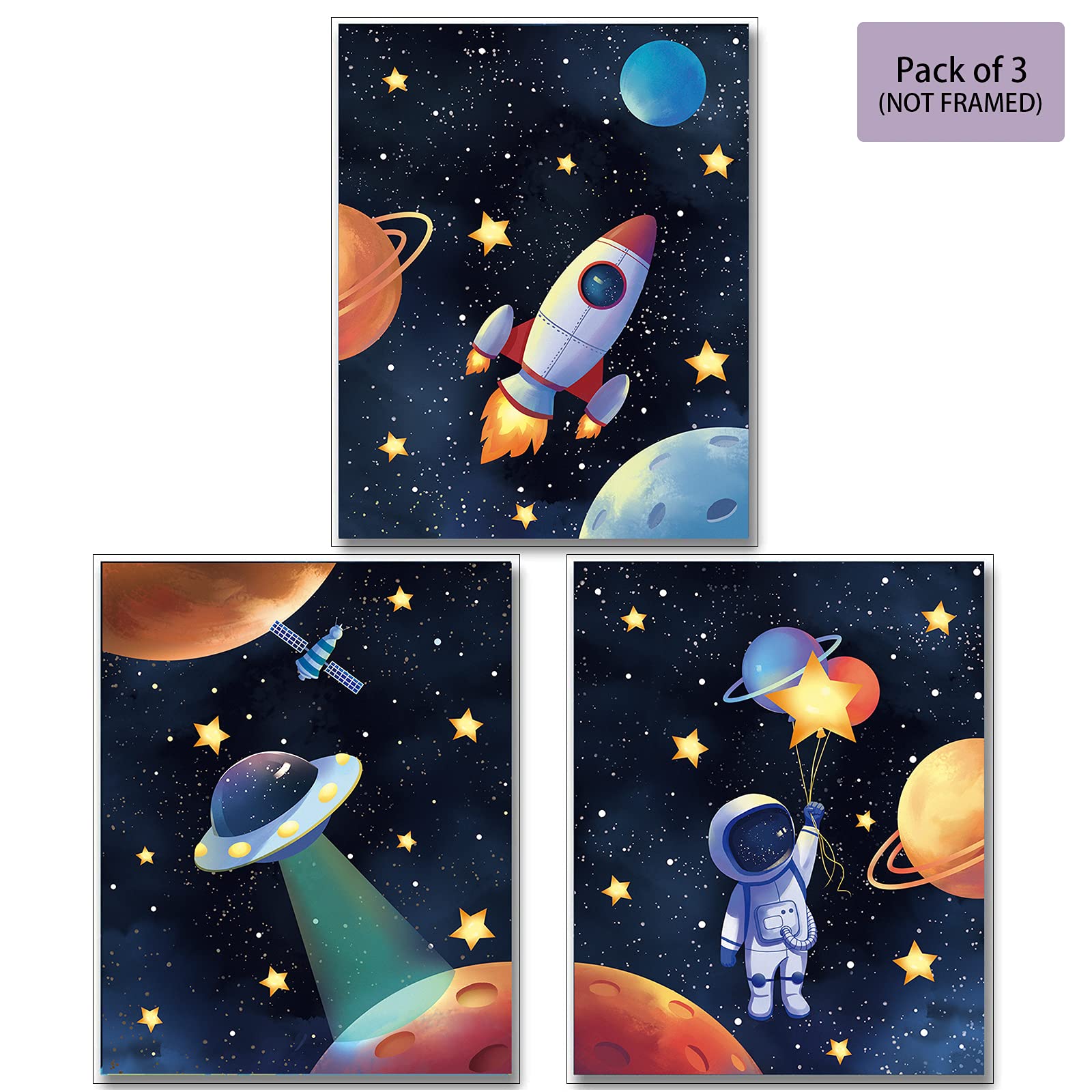 3-Piece Space Astronaut Canvas Wall Art Set - Solar System & Rocket Themed Posters for Boys' Room Decor | Perfect for Game Rooms, Bedrooms & Kids' Space-Themed Nursery