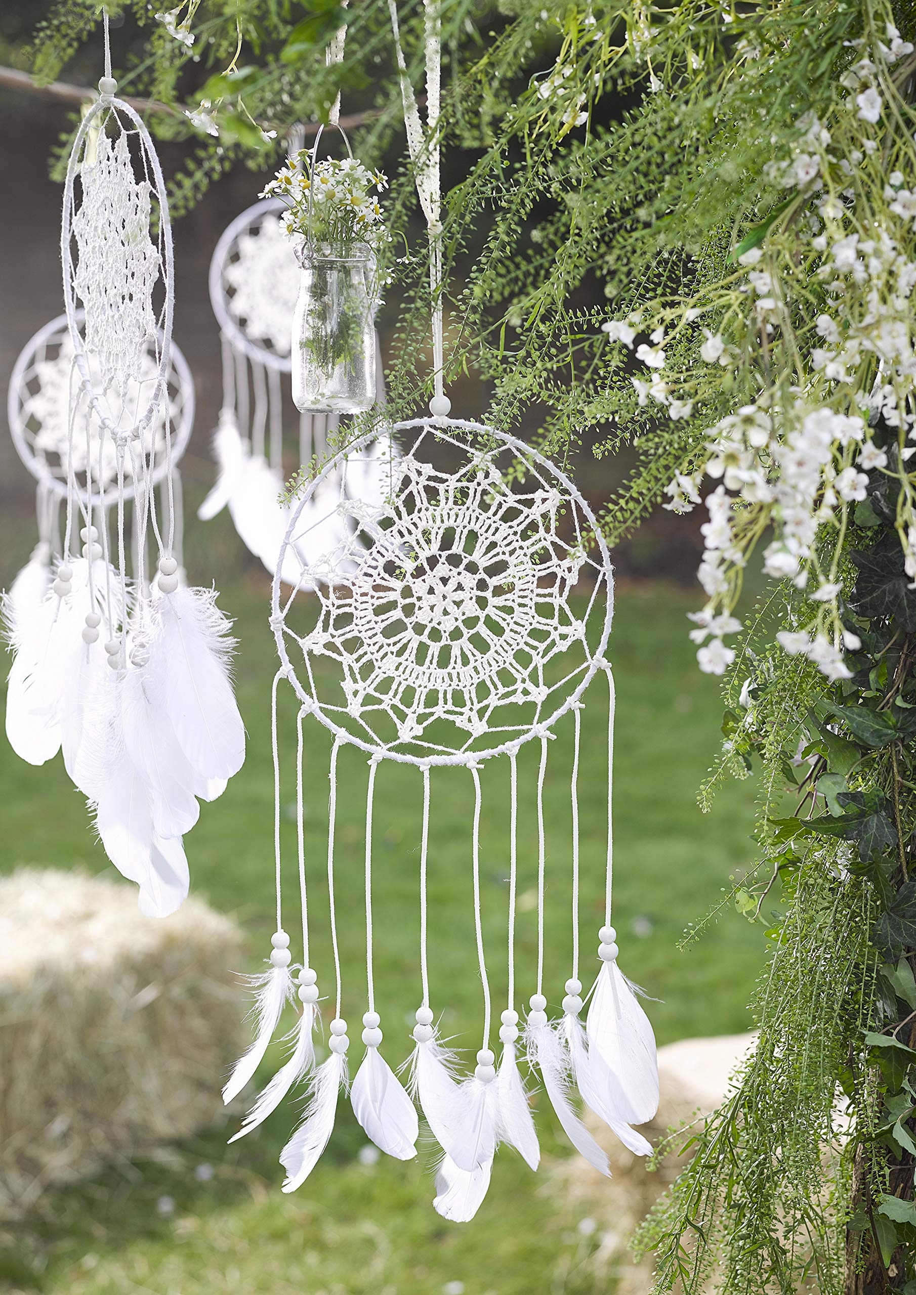 White Dream Catcher with Beads & Feathers - Boho Decor for Wedding, Bedroom or Festival