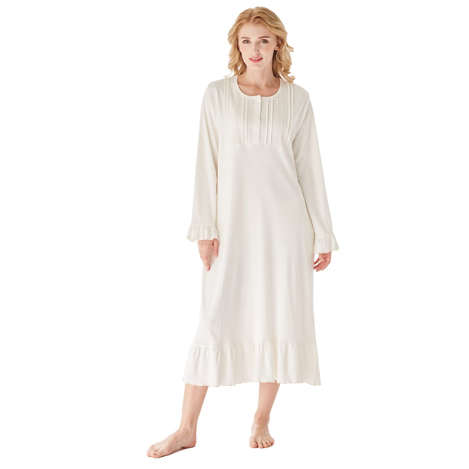 Keyocean Women's 100% Cotton Long Sleeve Nightgown with Pockets - Soft Sleepwear for Older Ladies, Mid-Calf Length for All Seasons Comfort | Perfect for Relaxing at Home, Lounging & Overnight Stays