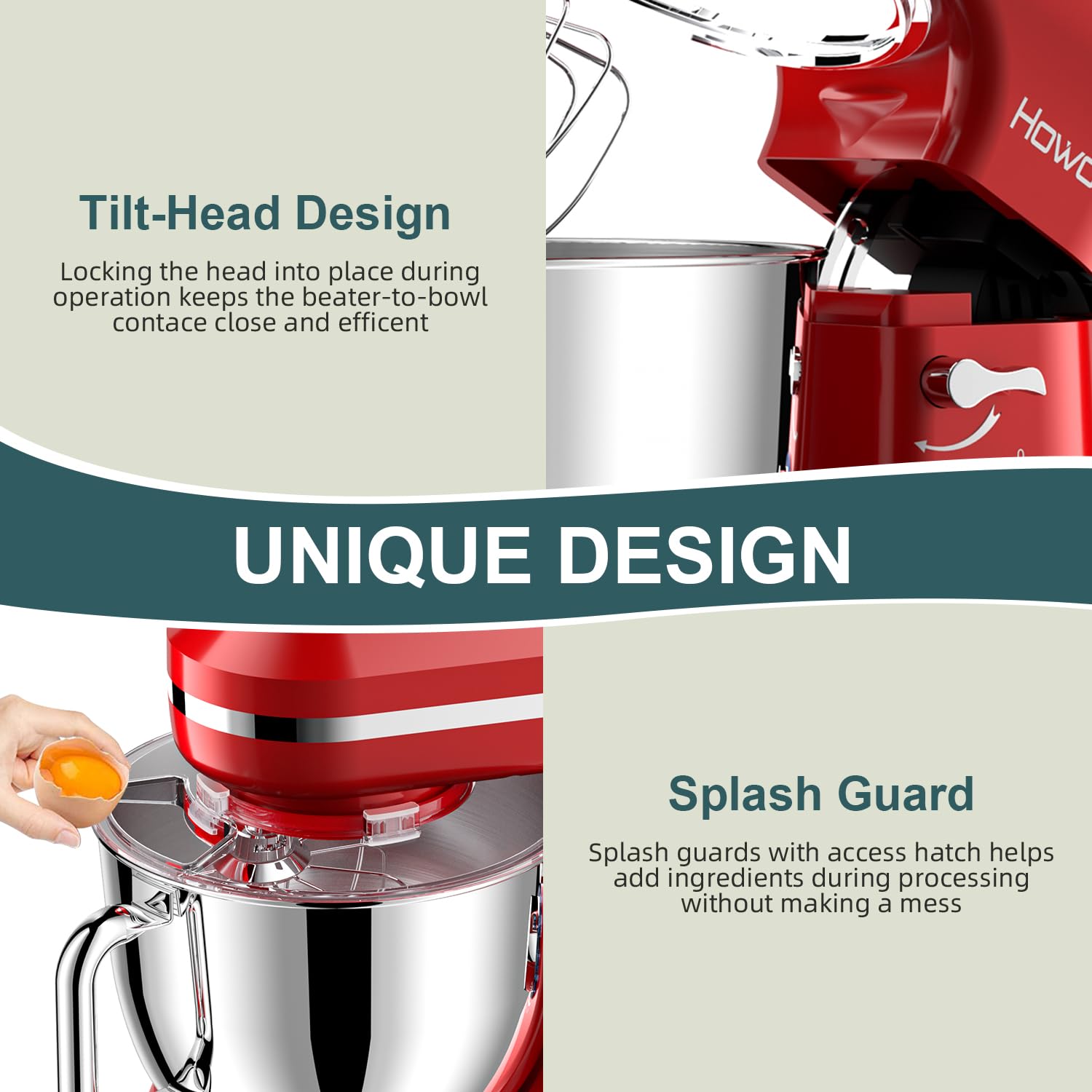 HOWORK 6.5QT Stand Mixer - 10+ Speed Electric Kitchen Mixer with Stainless Steel Bowl, Dough Hook, Wire Whip & Beater - Perfect for Baking, Cooking & Meal Prep - Ideal for Home Bakers & Cooking Enthusiasts (Bright Red)