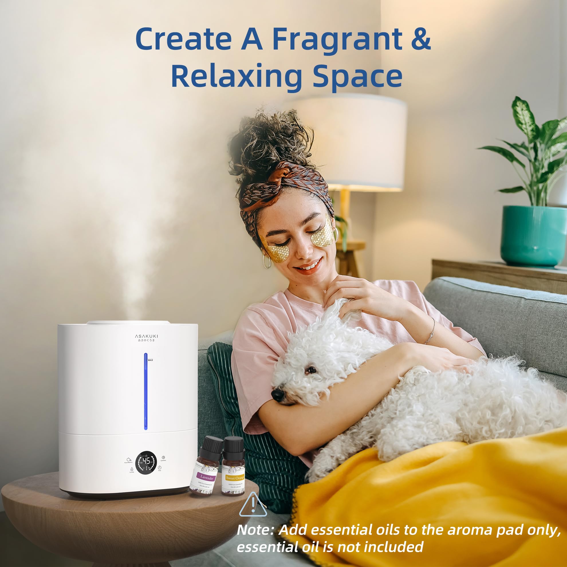 ASAKUKI 4L Cool Mist Humidifier with LED Display & Essential Oil Diffuser - Top Fill Ultrasonic Air Humidifier for Large Bedrooms, Baby Nursery, Kids Room & Plants - Quiet Operation with Humidity Control & Sleep Mode - Perfect for Dry Air Relief, Better Sleep & Plant Care (White)