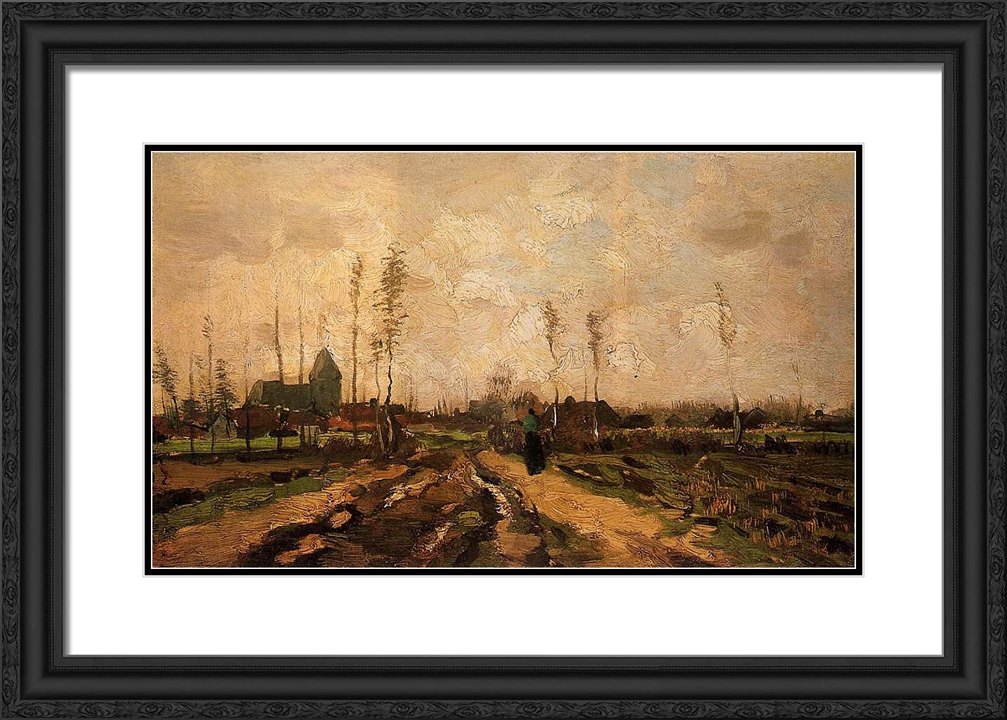 Van Gogh Landscape With a Church and Houses - 24x17 Inch Black Ornate Framed Art Print with Double Matting | Wall Decor for Living Room, Bedroom & Office | Classic Oil Painting Reproduction