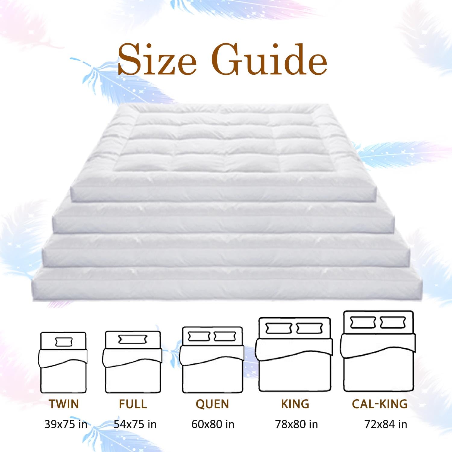Premium 5 Inch Duck Feather Bed Mattress Topper Full Size - 100% Cotton, 2500GSM Overfilled Pillow Top - Hotel Collection Luxury Bedding - 54x75 Inches Bright White - Perfect for Guest Rooms, Master Bedrooms & Luxury Hotels