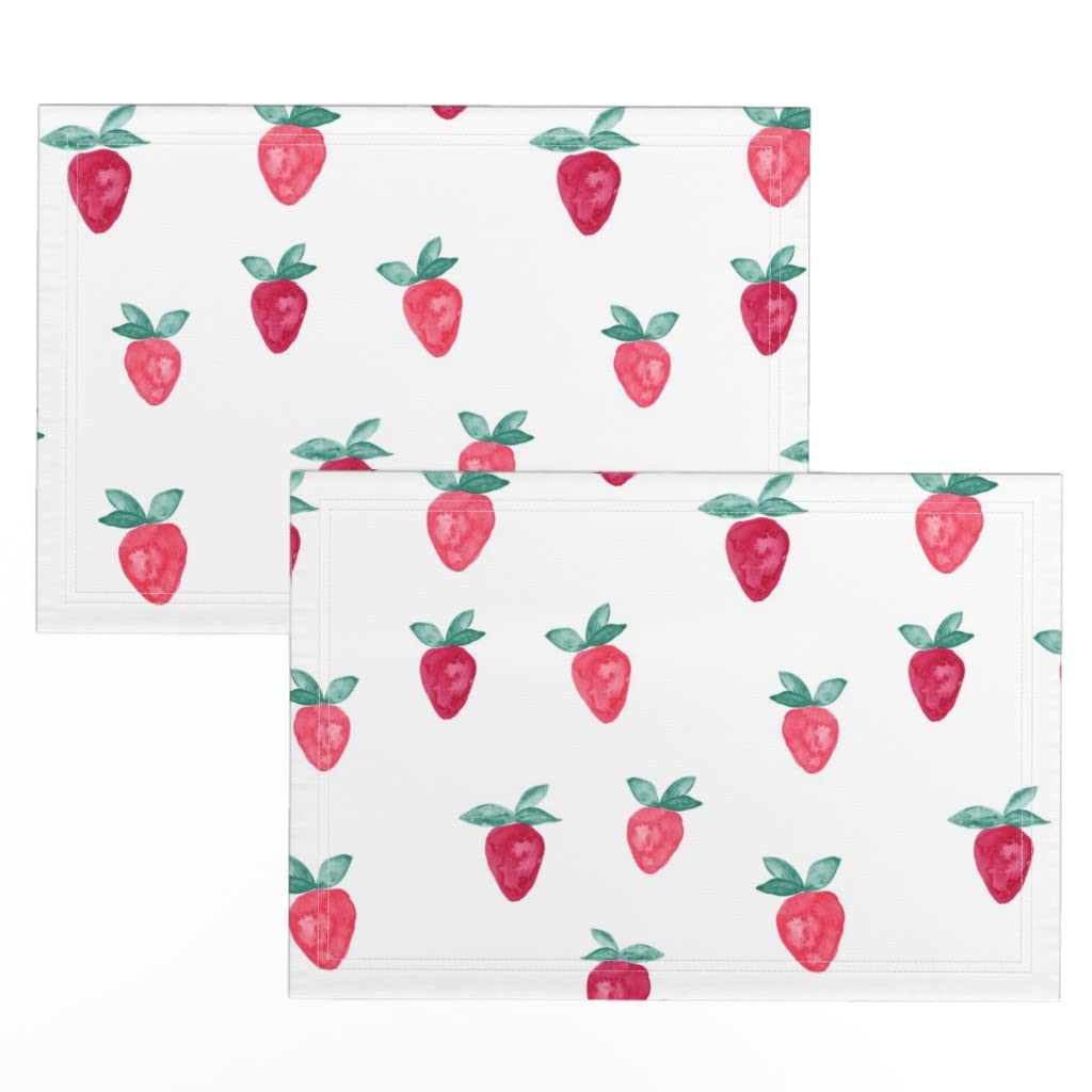 Linen Cotton Canvas Placemats Set of 2 - Watercolor Strawberry Whimsical Fruit Summer Large Bold Print Cloth Table Mats for Dining Room Decor, Kitchen Table Setting, Picnic & Party Supplies