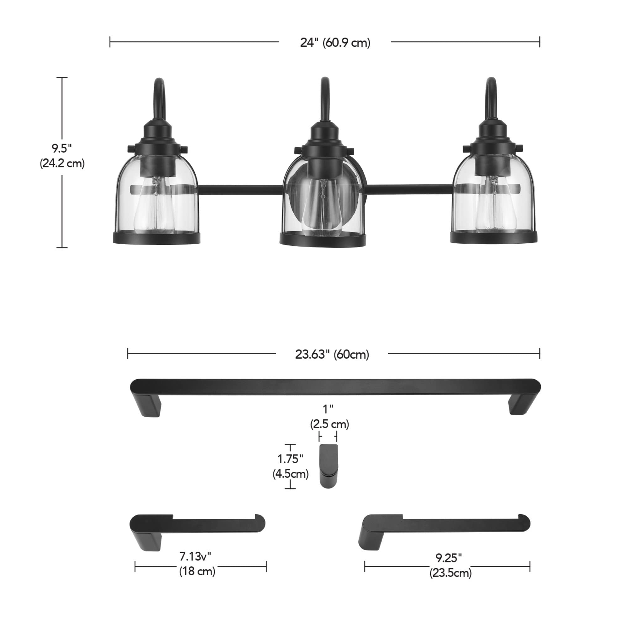 Globe Electric 52064 Devonport 5-Piece Bathroom Set - Matte Black Finish with 3-Light Vanity, Clear Glass Shades, Towel Bar, Ring, Robe Hook & Toilet Paper Holder | Modern Bathroom Lighting & Accessories for Home Renovation & Spa-Style Decor