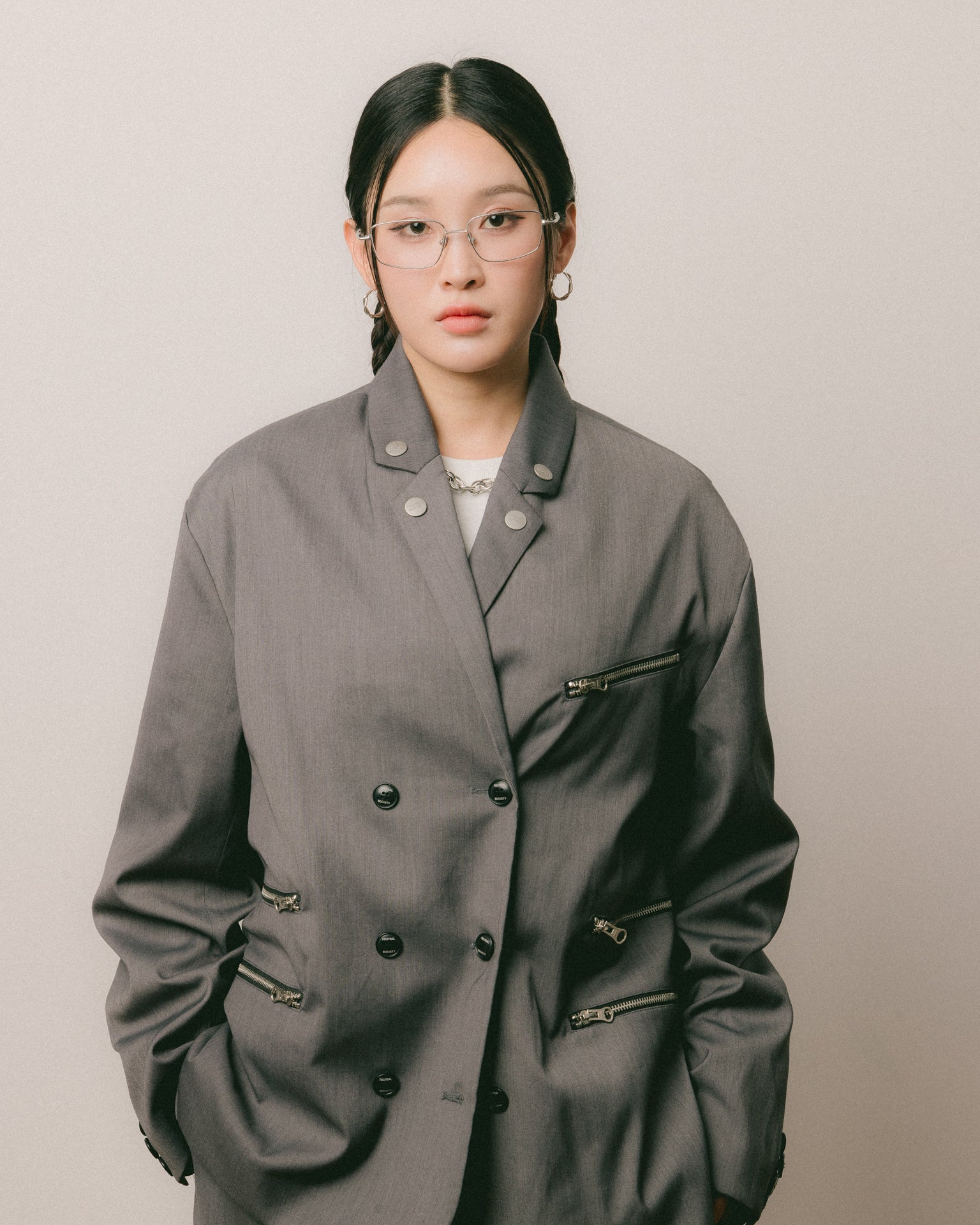 Neutral Society Double Breasted Oversized Zipper Blazer Jacket for Women - Grey | Business Casual Office Wear & Fall Outerwear Coat