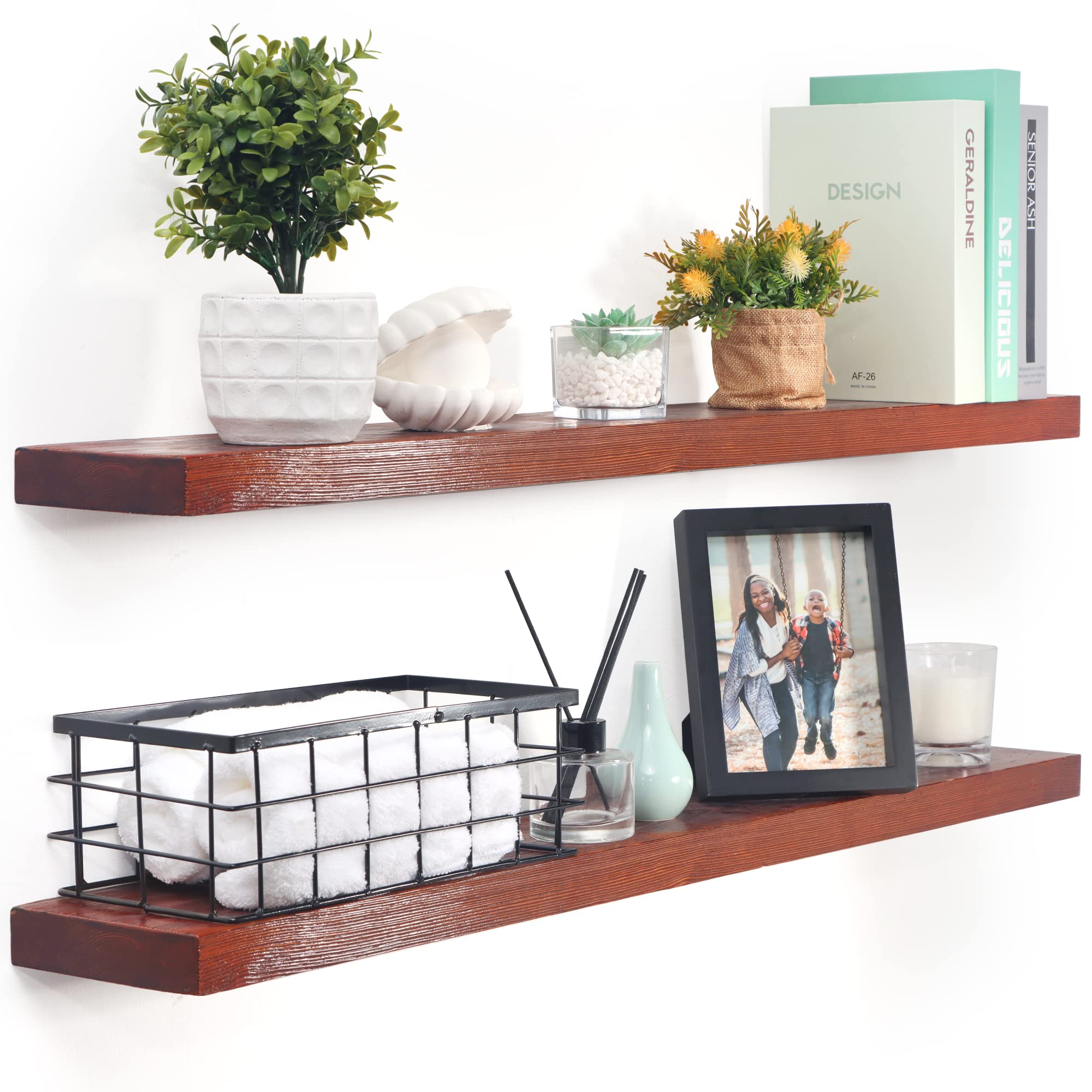 Marsmiles 36 Inch Floating Shelves - Set of 2 Rustic Wood Wall Shelves for Home Decor | Heavy Duty Cherry Wood Floating Shelves for Bedroom, Bathroom, Kitchen & Living Room | Wall Mounted Storage & Display (Mahogany/Walnut)