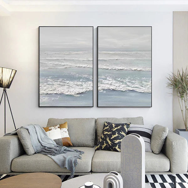 Ocean and Sky Painting Set of 2 - Modern Coastal Wall Art for Living Room & Bedroom Decor | Ready to Hang Canvas Prints | Beach House & Nautical Theme Home Decor