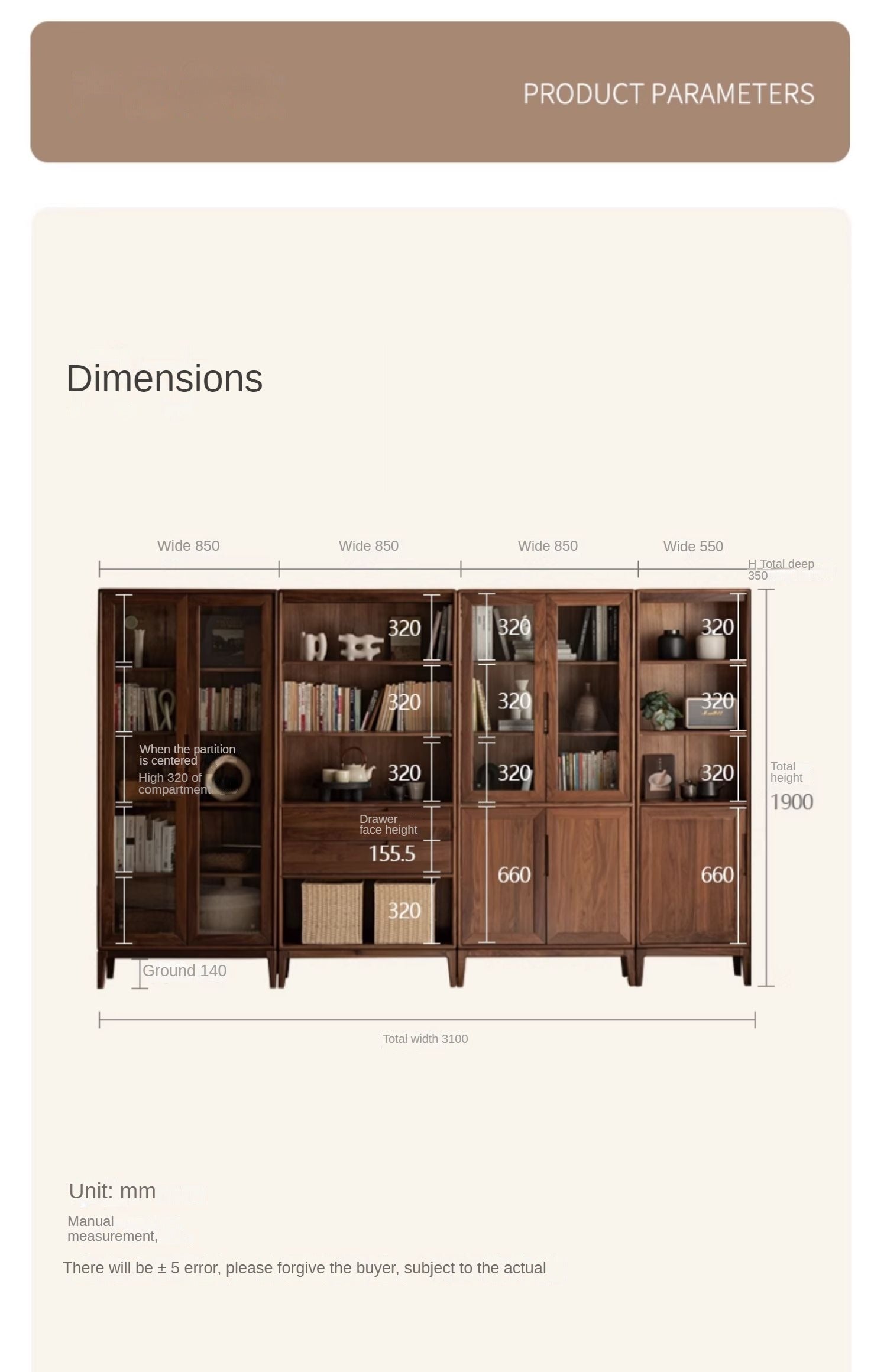 Premium Black Walnut & Ash Solid Wood Bookcase with Dust-Proof Glass Doors - Stylish Home Office & Living Room Storage Solution